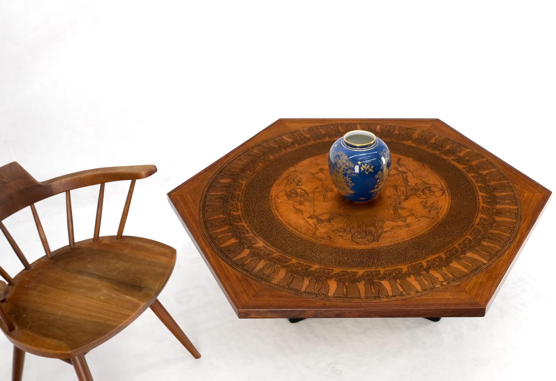 Canadian Large Hexagon Walnut & Egyptian Motif Copper Minting Top Coffee Table Ebonized For Sale