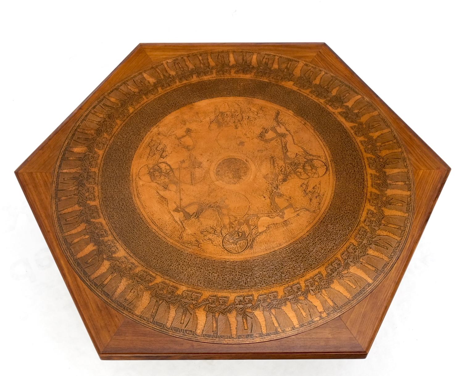Oiled Large Hexagon Walnut & Egyptian Motif Copper Minting Top Coffee Table Ebonized For Sale