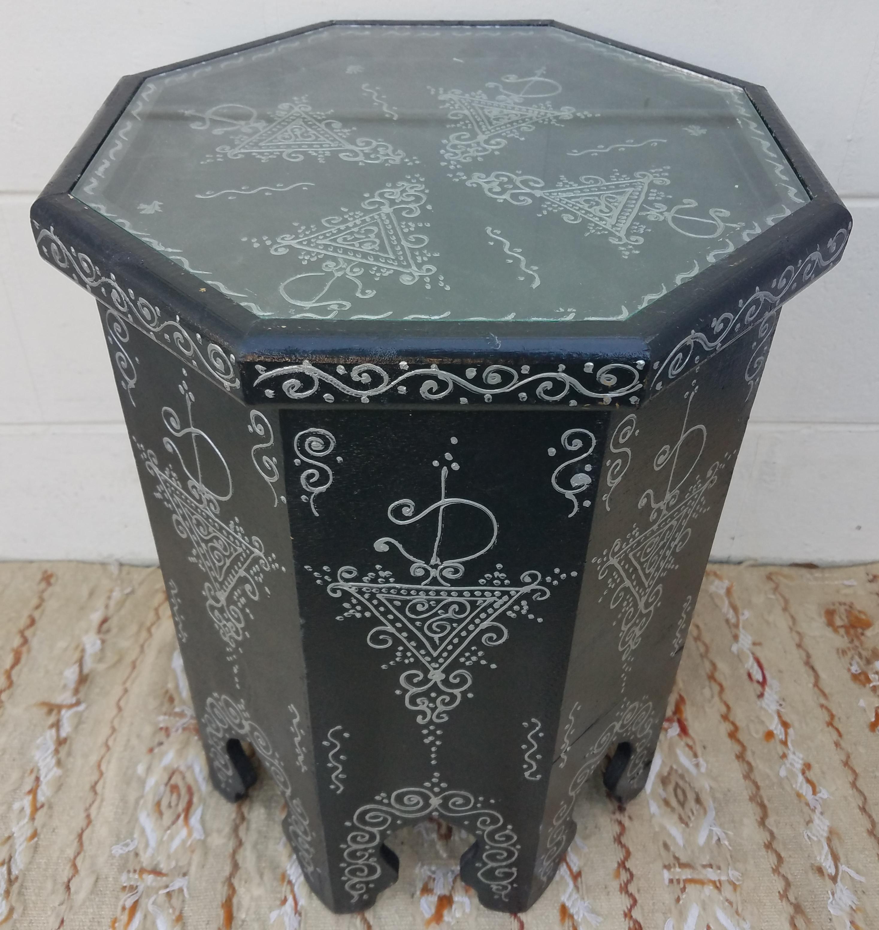 Large Hexagonal Moroccan Hand Painted Side Table, Black 1 For Sale 1