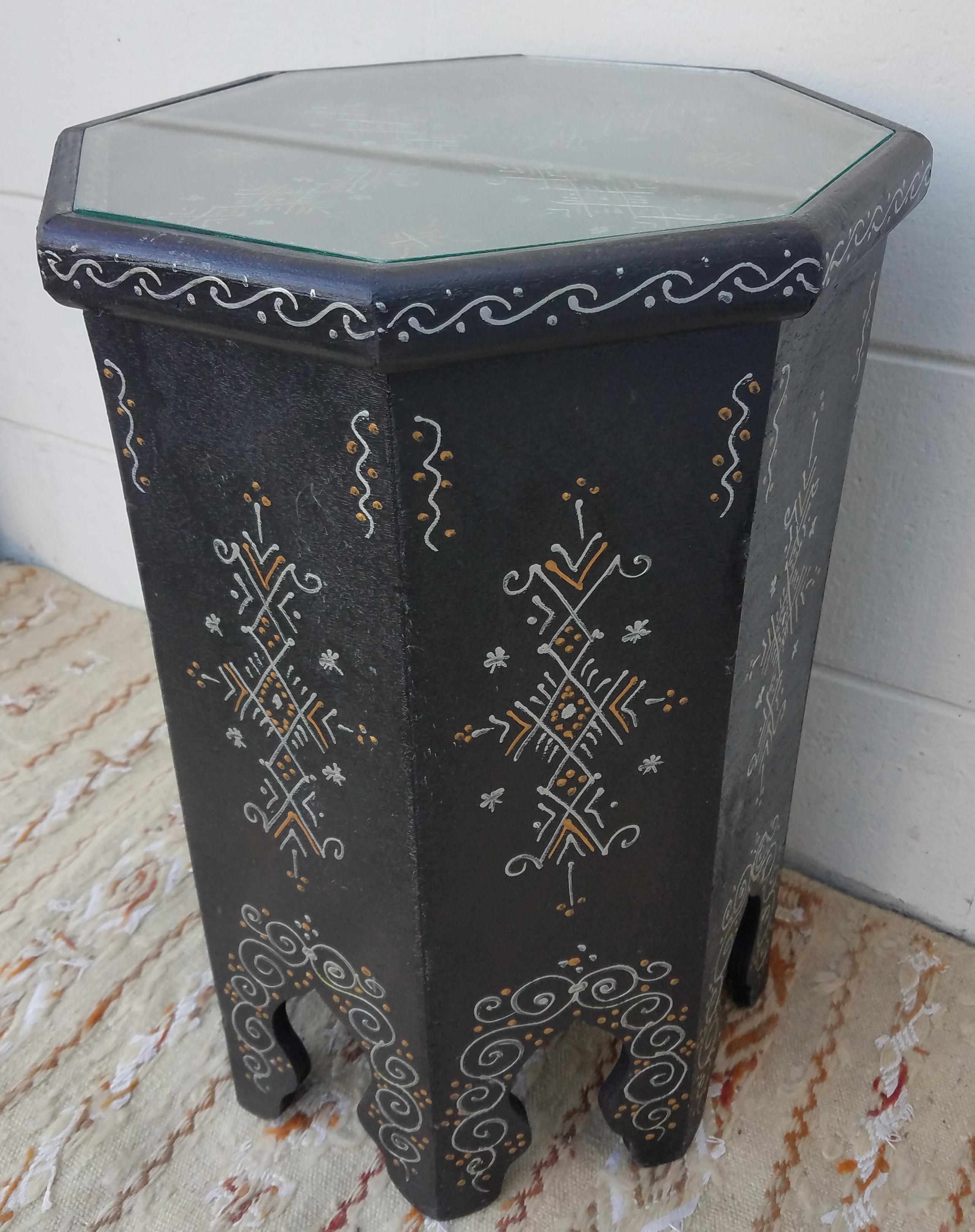 Large Hexagonal Moroccan Hand Painted Side Table, Black 2 For Sale 2