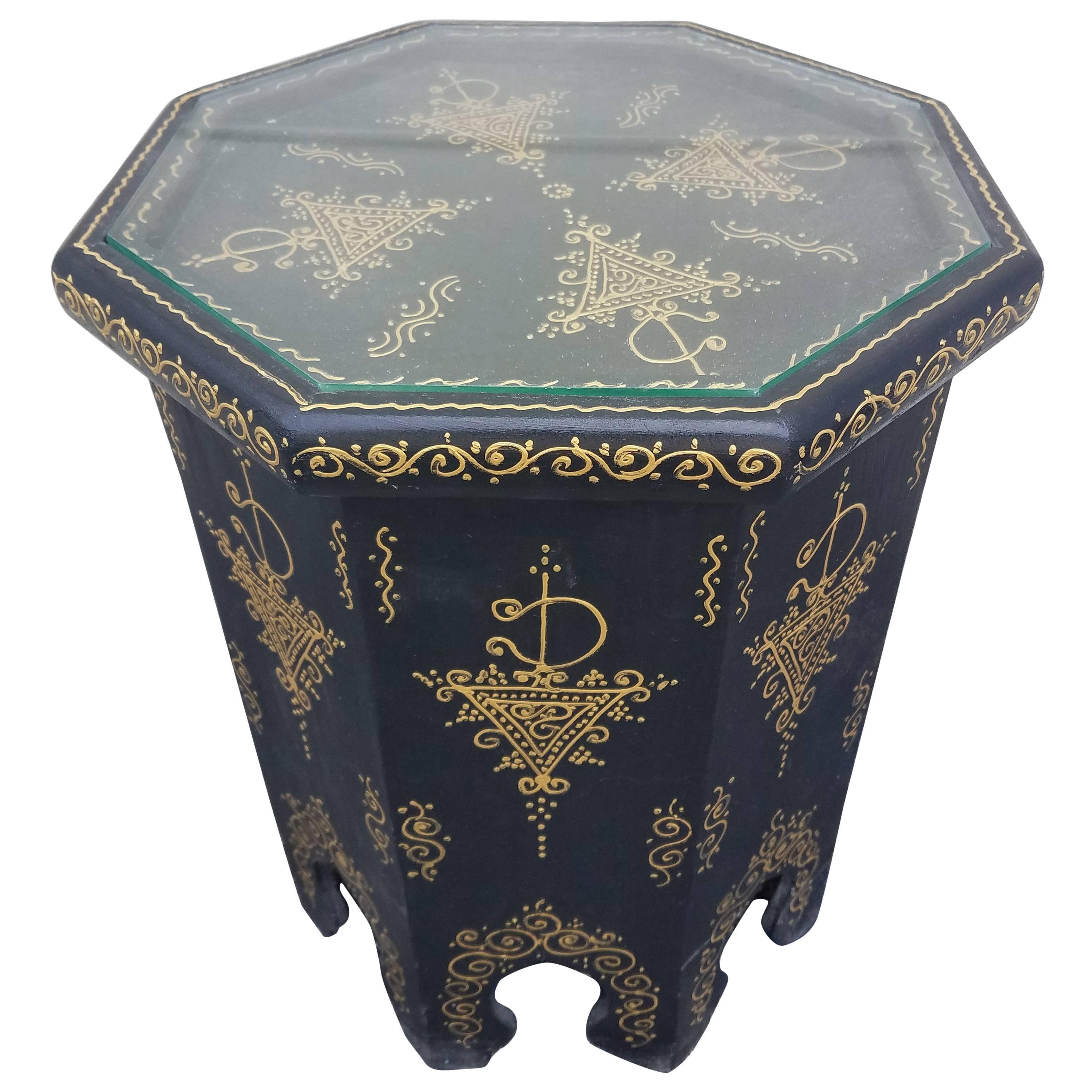 Large Hexagonal Moroccan Hand-Painted Side Table, Black For Sale