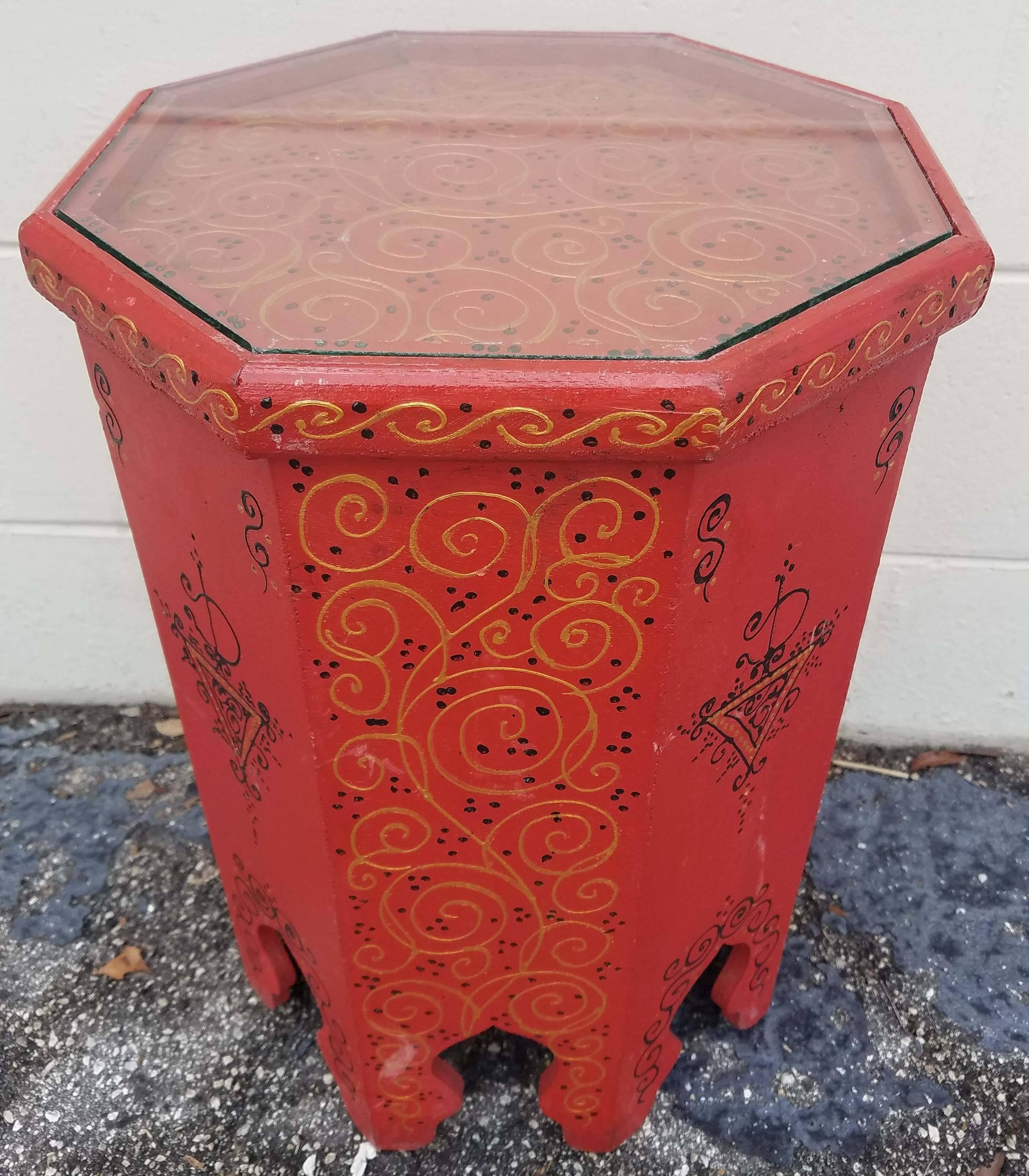 Contemporary Large Hexagonal Moroccan Hand-Painted Side Table, Red For Sale