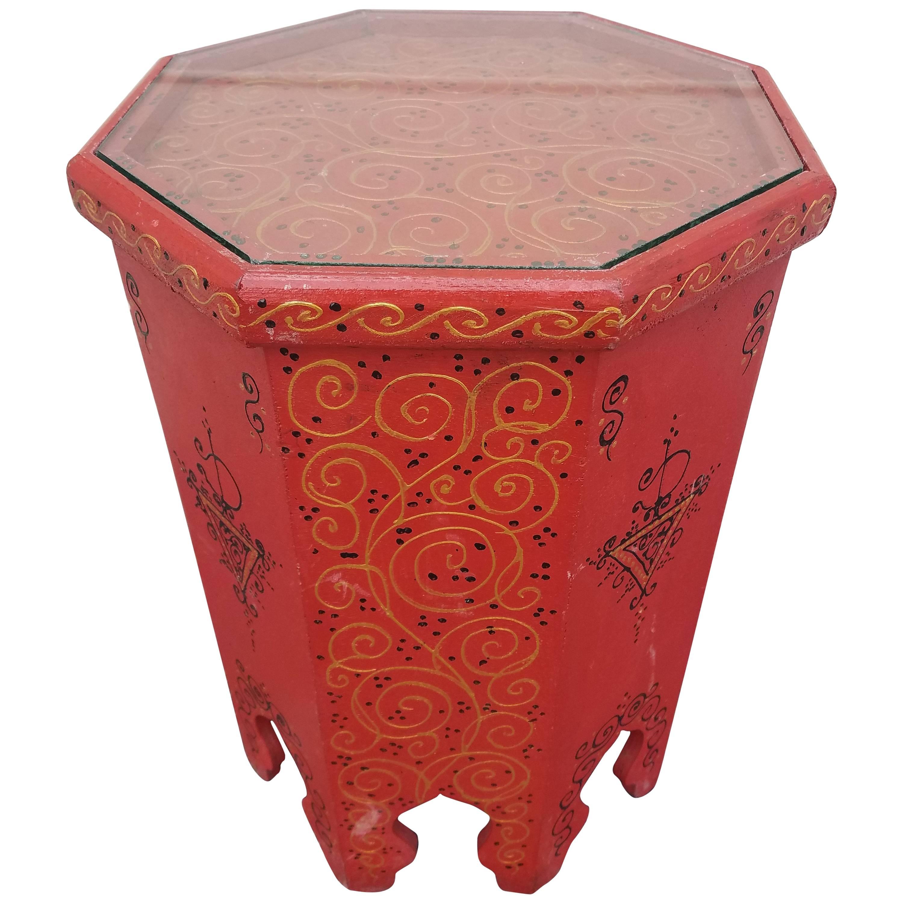 Large Hexagonal Moroccan Hand-Painted Side Table, Red For Sale