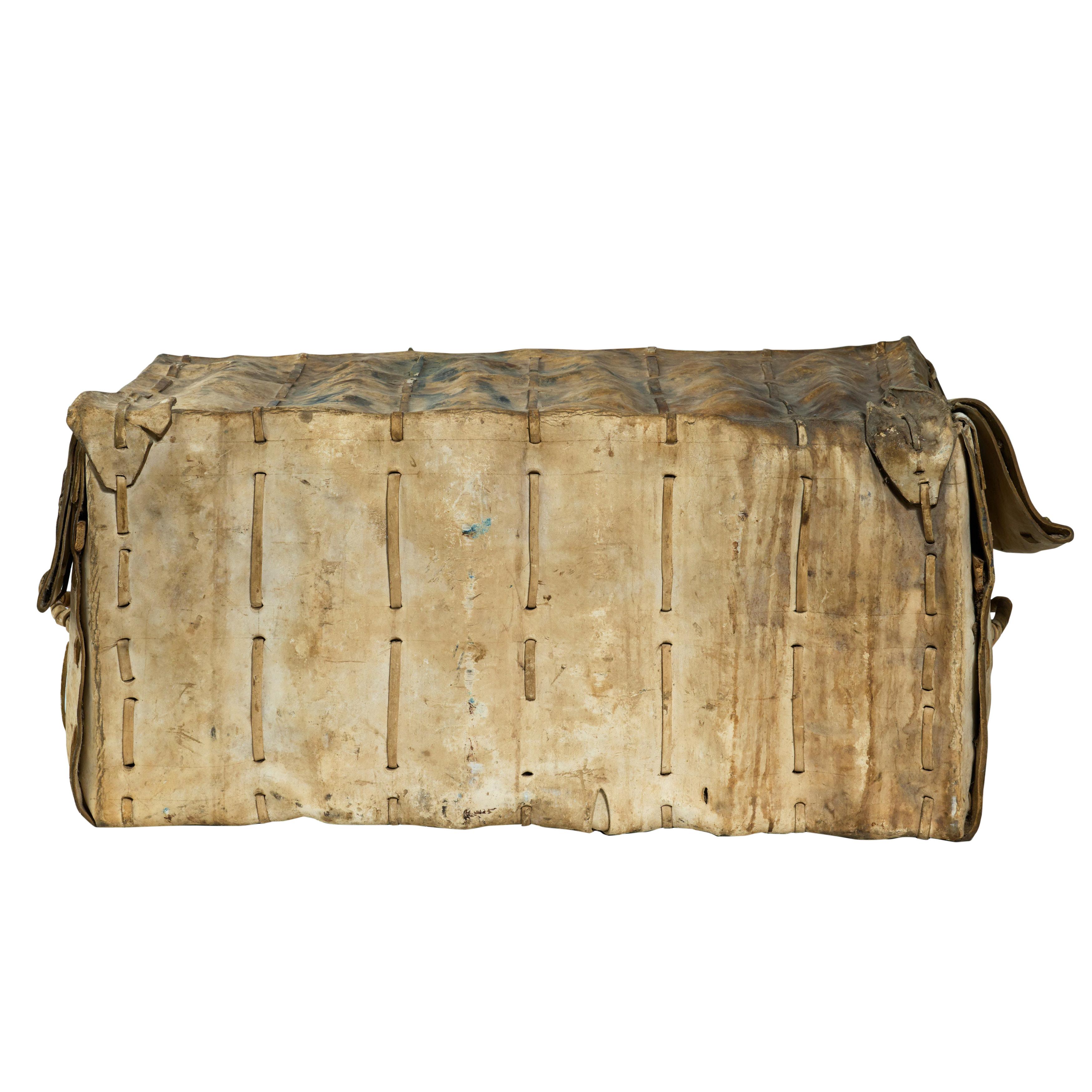20th Century Large Hide Trunk with Decorative Stitching For Sale