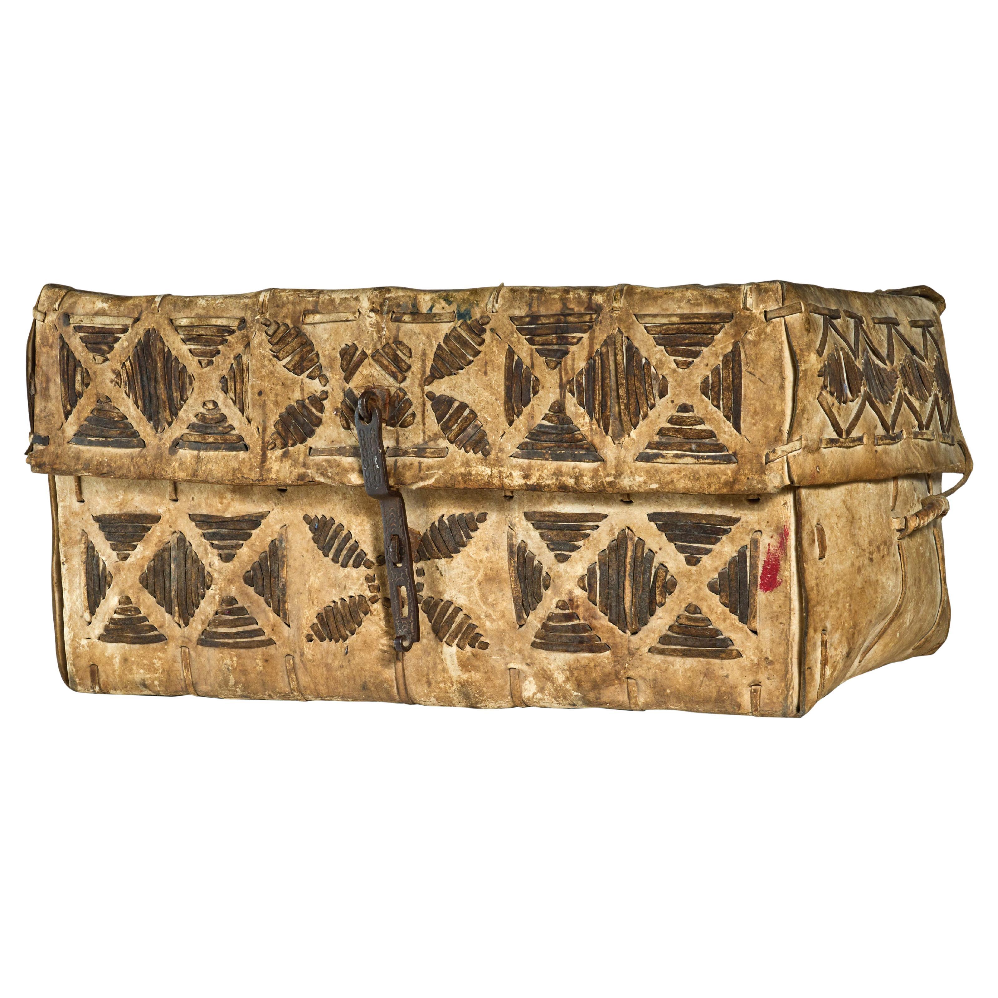 Large Hide Trunk with Decorative Stitching For Sale