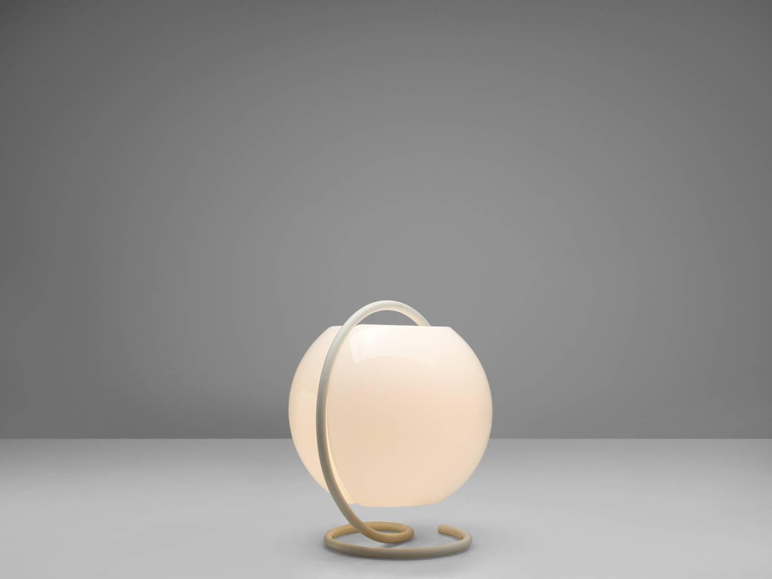 Floor lamp '2144' by Elio Martinelli for Martinelli Luce, bent steel tube, lacquer, perspex, Italy, 1968. 

This Italian Classic consist of a heavy round metal tubular frame that spirals from the base over the opaline shade. The shade is shade is
