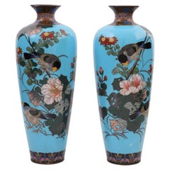 Large High Quality Vintage Japanese Cloisonne Enamel Meiji Vases with Birds