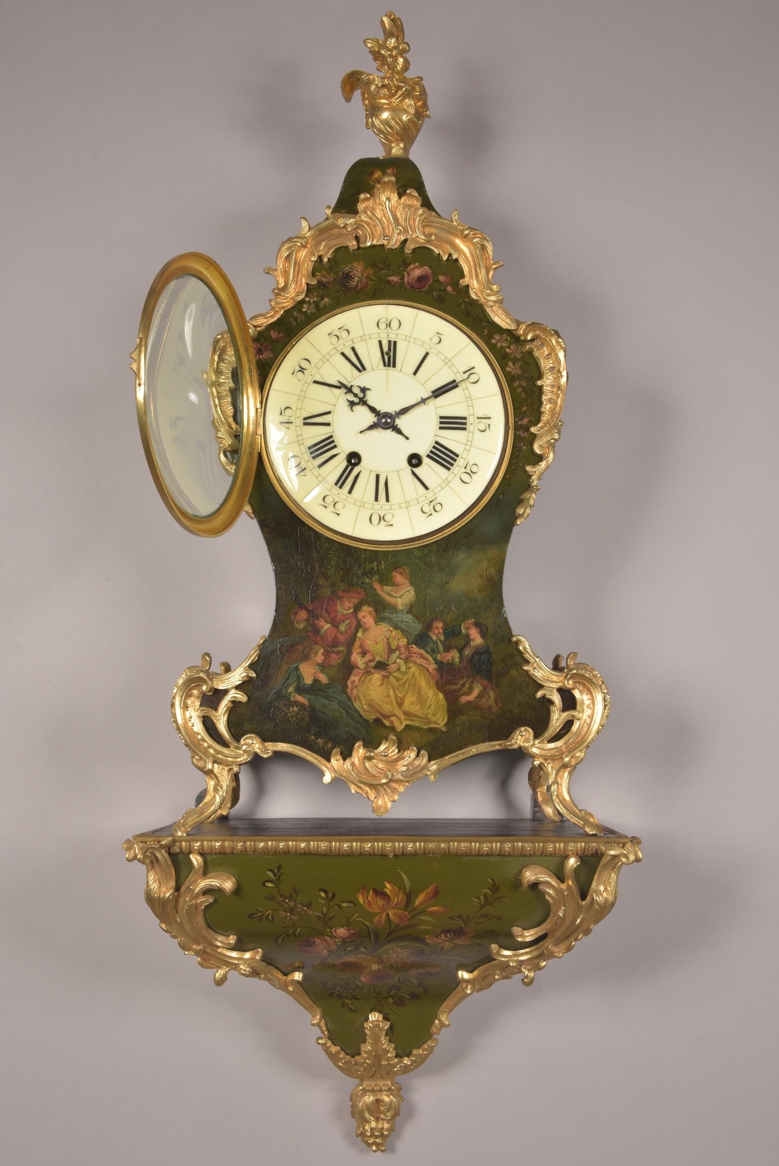 Louis XVI French Cartel clock with console in Vernis Martin, ca. 1855 For Sale