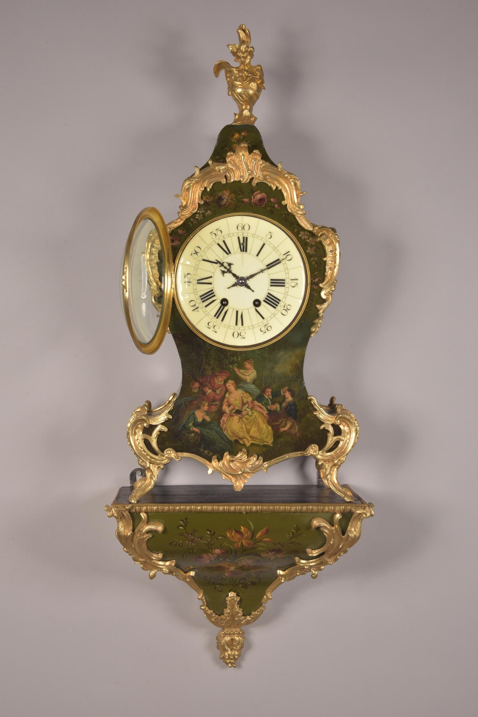 Gilt French Cartel clock with console in Vernis Martin, ca. 1855 For Sale