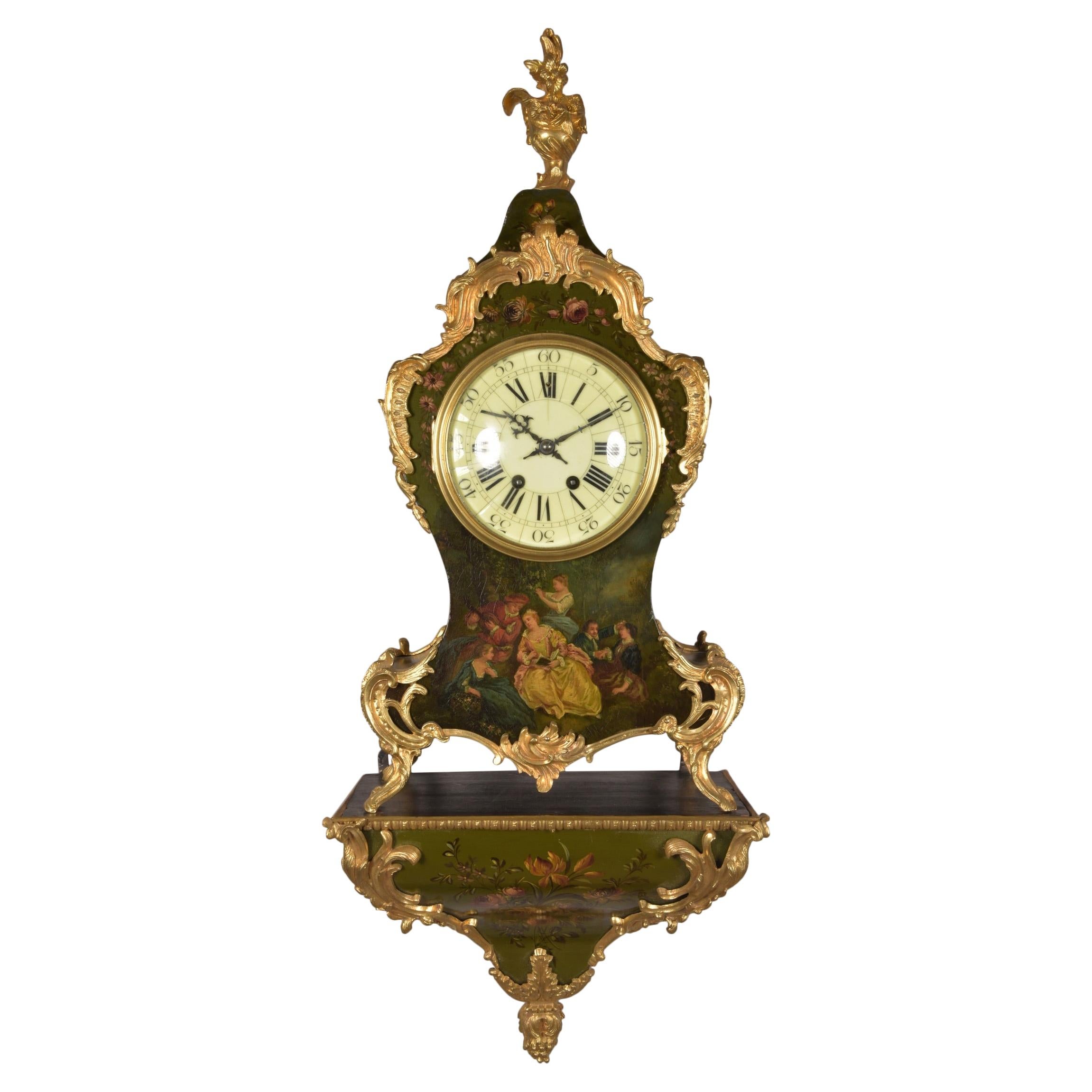 French Cartel clock with console in Vernis Martin, ca. 1855 For Sale