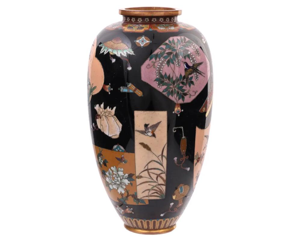 Meiji Large High Quality Japanese Cloisonne Enamel Vase Takara-Mono and Fans For Sale