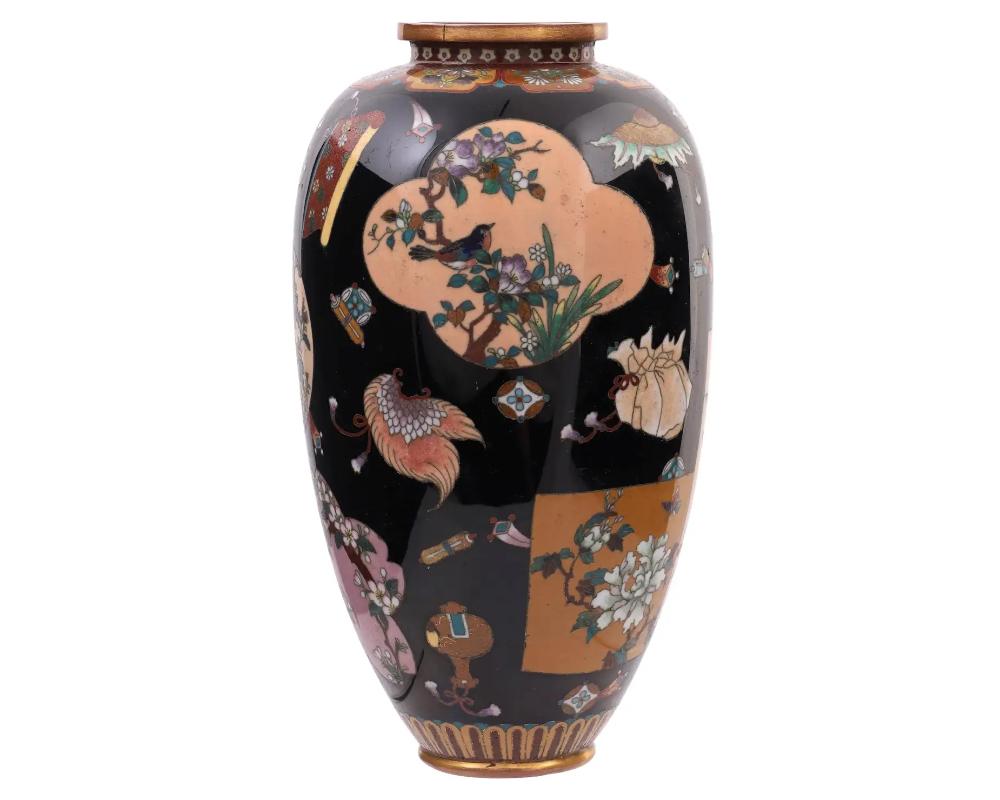 Cloissoné Large High Quality Japanese Cloisonne Enamel Vase Takara-Mono and Fans For Sale