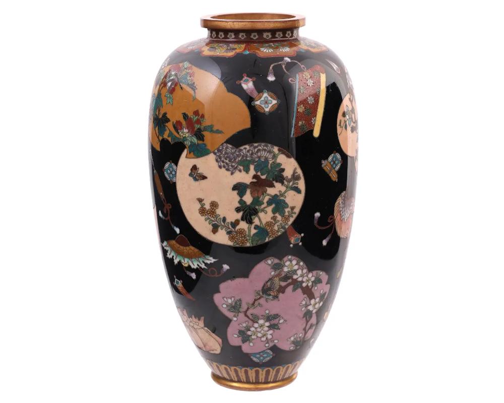 Large High Quality Japanese Cloisonne Enamel Vase Takara-Mono and Fans In Good Condition For Sale In New York, NY