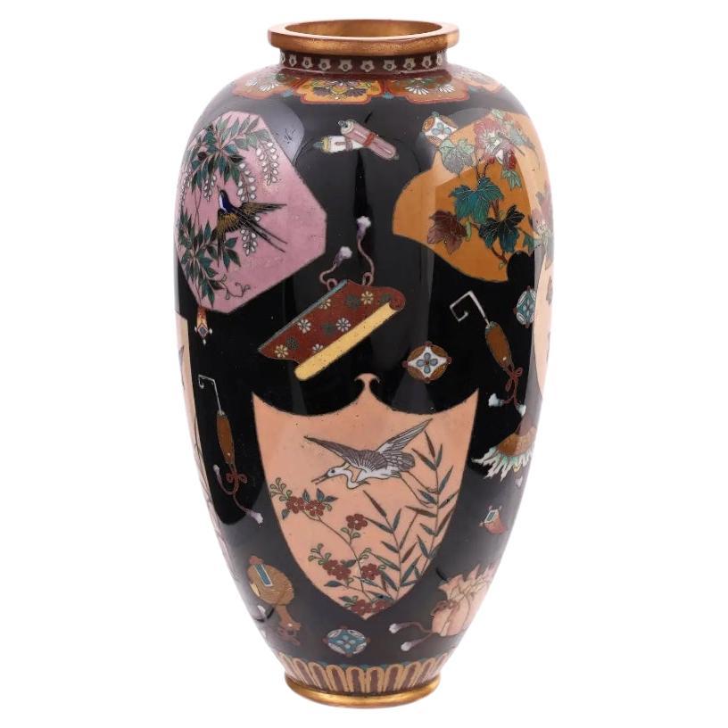 Large High Quality Japanese Cloisonne Enamel Vase Takara-Mono and Fans For Sale