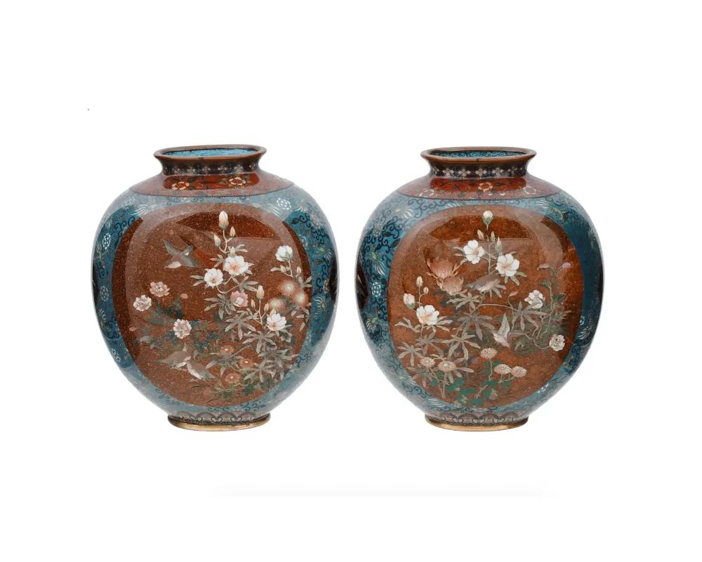 Meiji Large Pair of High Quality Japanese Cloisonne Goldstone Enamel Vases Sparrows in For Sale