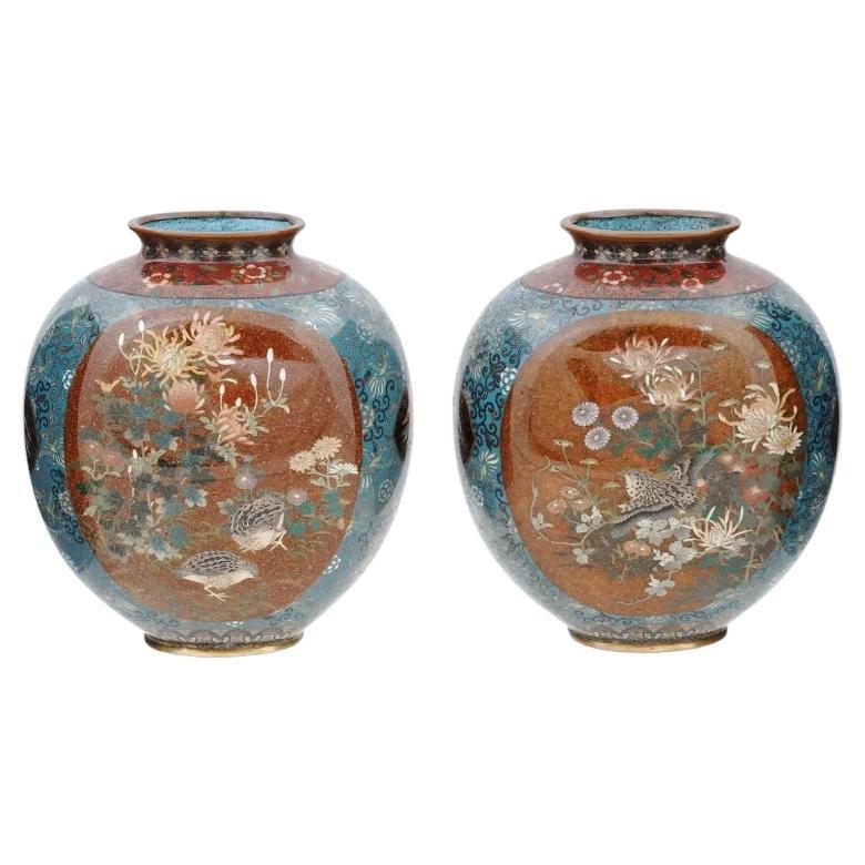 Large Pair of High Quality Japanese Cloisonne Goldstone Enamel Vases Sparrows in For Sale