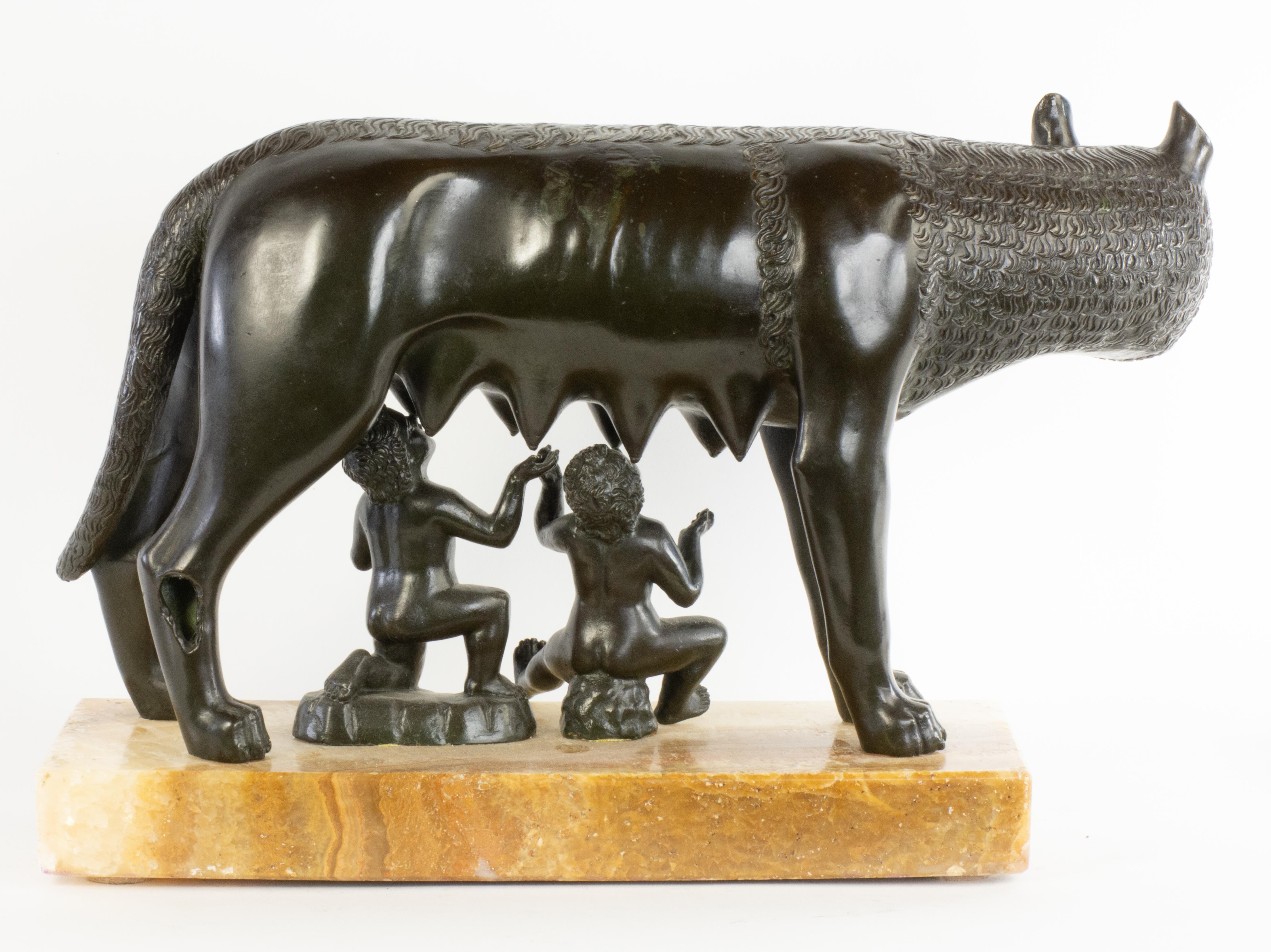 10.75 inch tall bronze Capitoline Wolf on an extremely fine Alabastro Fiorito base
c 1880
 19th Century
Perhaps the most iconic symbol of Rome, the Capitoline Wolf has a mysterious past. The Lupa herself is thought by many scholars to be Etruscan (a