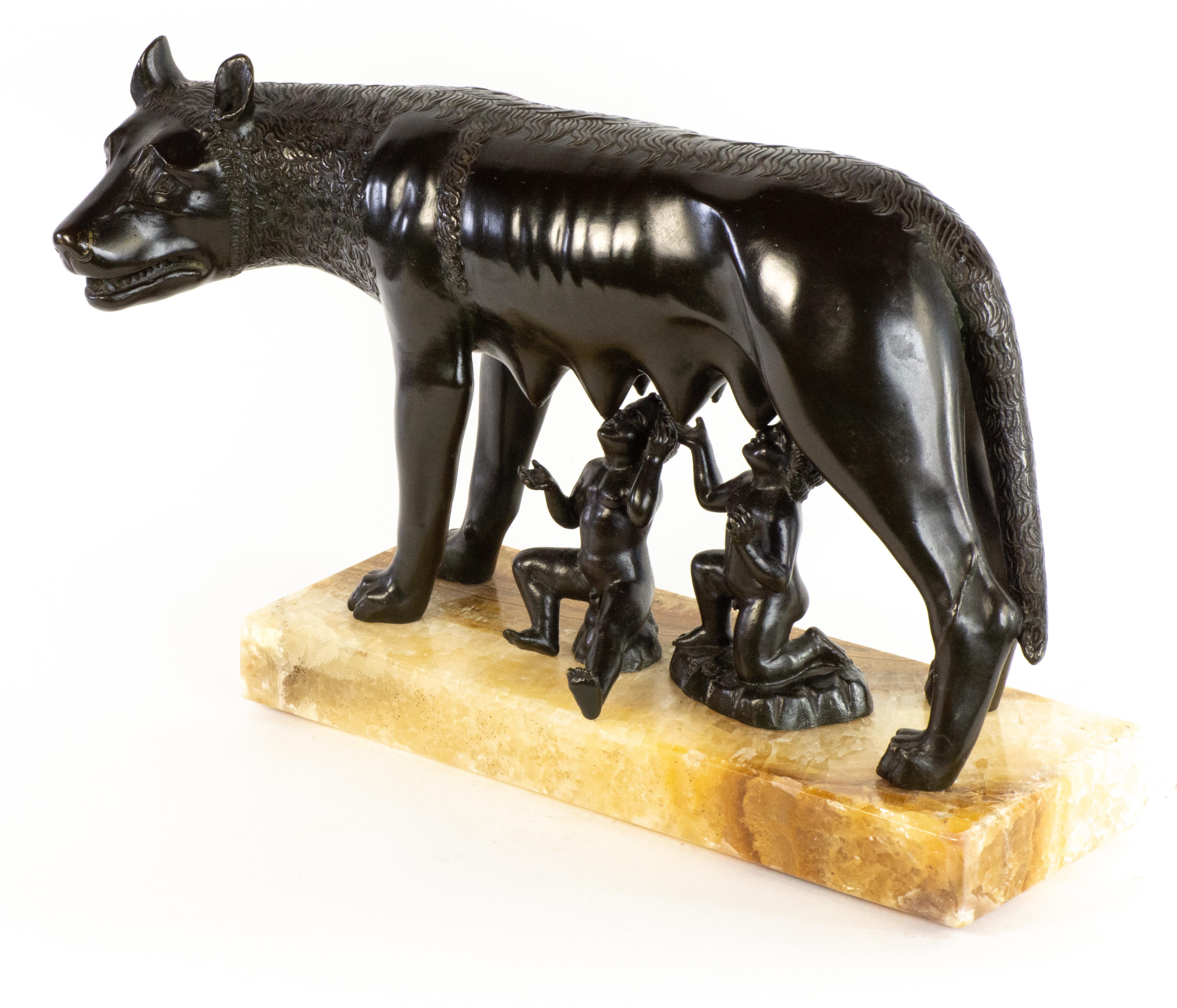 Grand Tour Large, Highly-Detailed Bronze Capitoline Wolf on Alabastro Fiorito Base For Sale