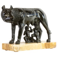 Large, Highly-Detailed Bronze Capitoline Wolf on Alabastro Fiorito Base