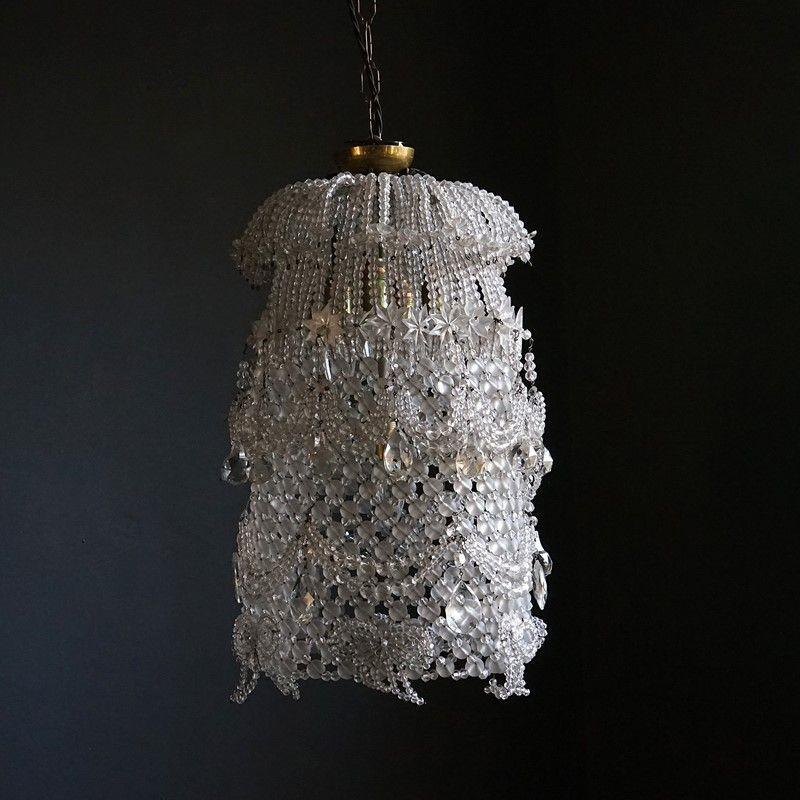 Large Vintage Highly Embellished Crystal Beaded Cloche Chandelier Light Fitting 1