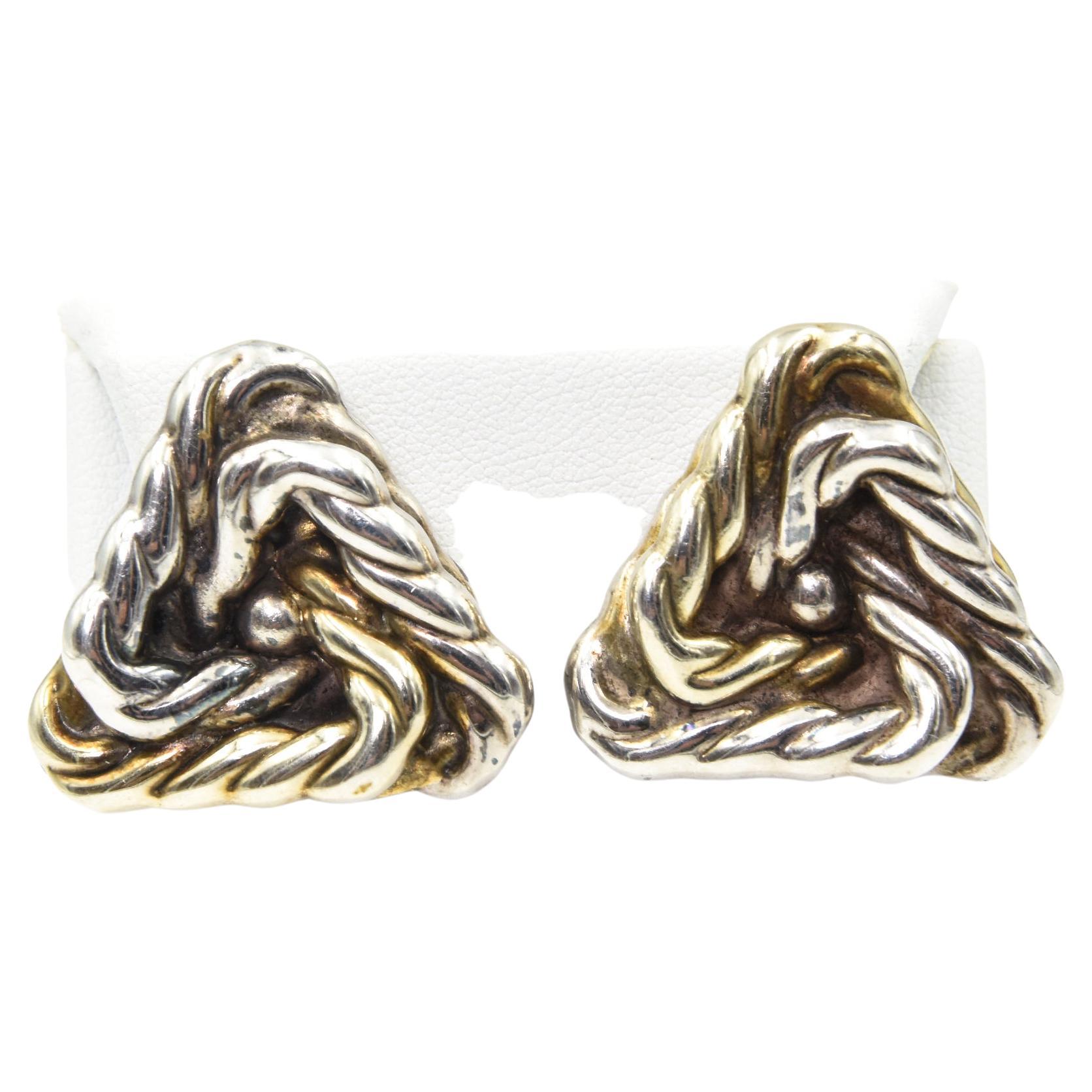 Large Highly Stylized Twisted Rope Triangle Sterling Silver Clip-on Earrings For Sale