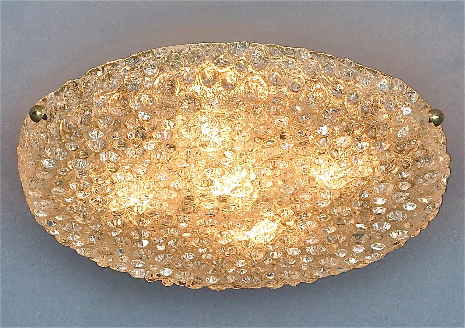 Large Hillebrand Flush Mount Brass Textured Murano Glass Light Venini Style 1960 10