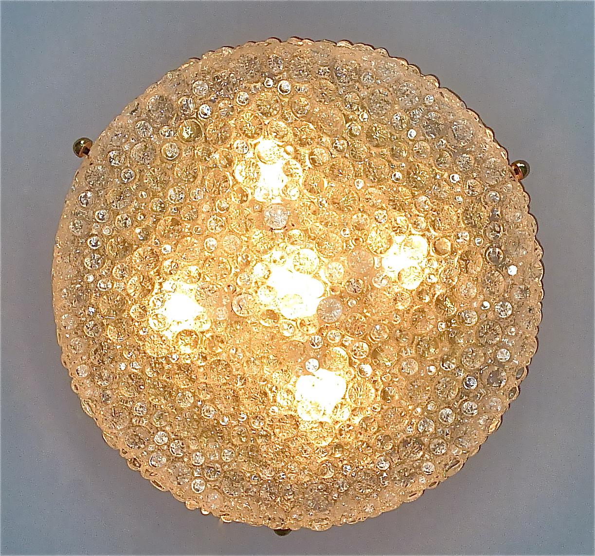 Large Hillebrand Flush Mount Brass Textured Murano Glass Light Venini Style 1960 11