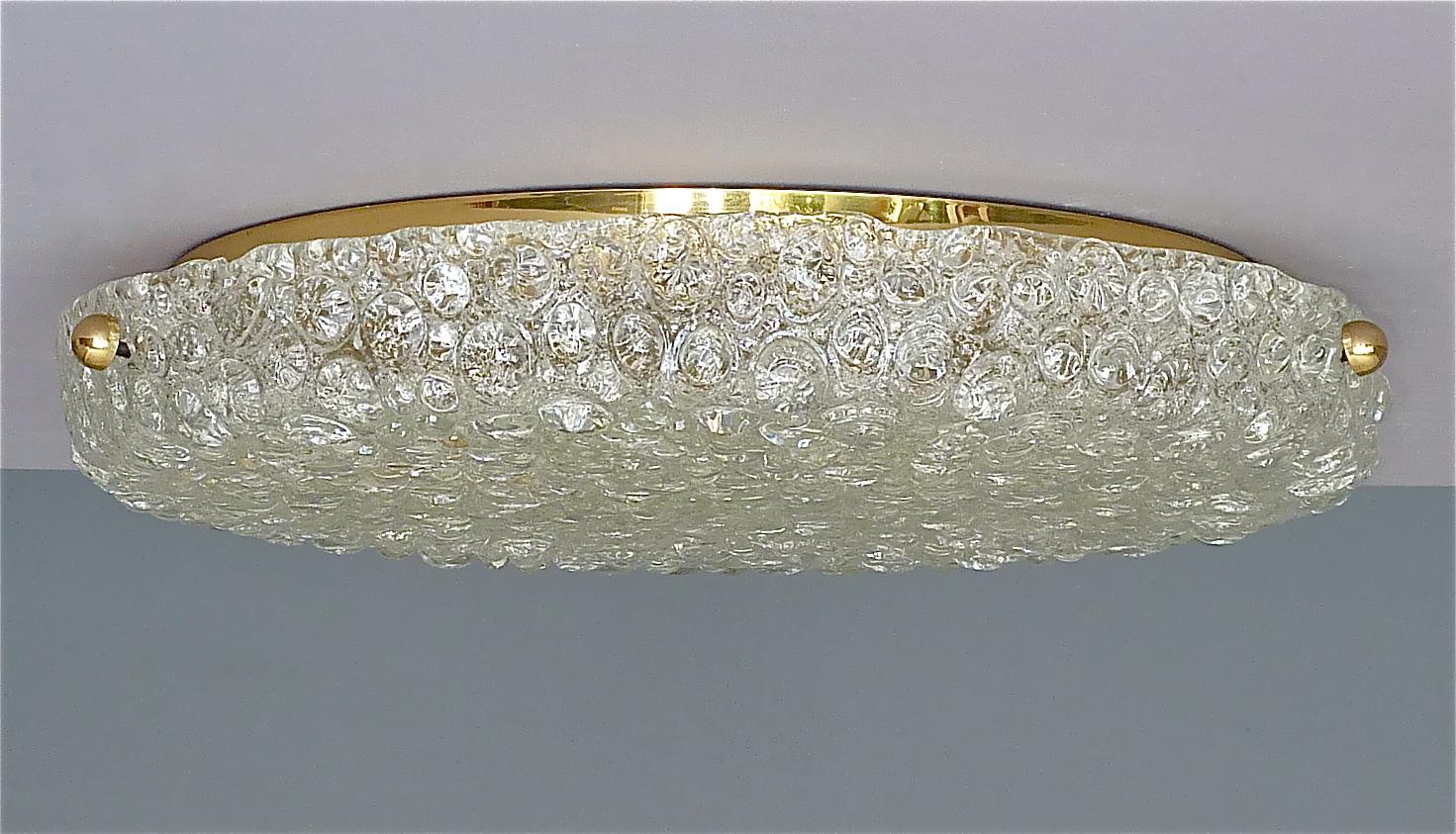 Patinated Large Hillebrand Flush Mount Brass Textured Murano Glass Light Venini Style 1960