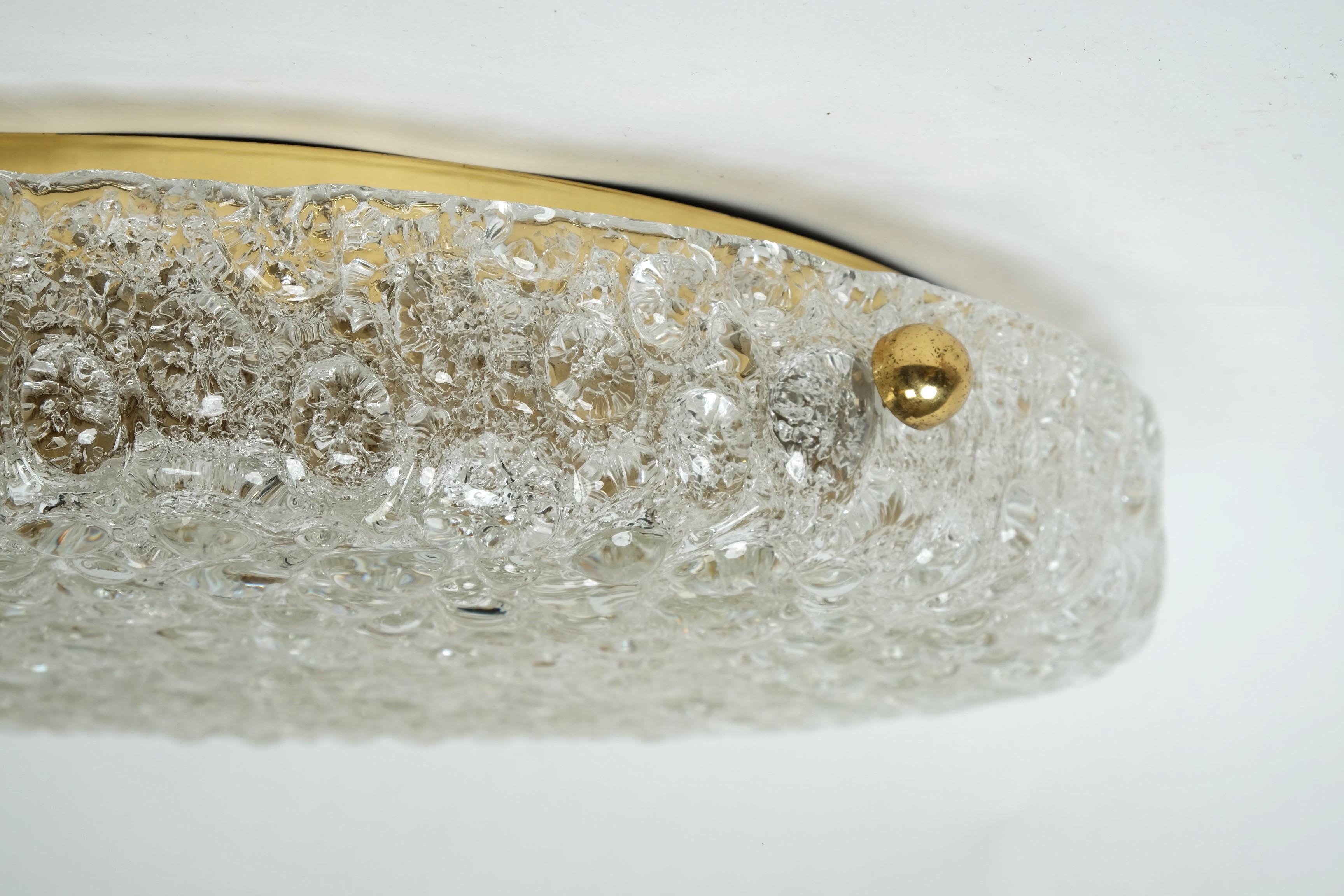 Large Hillebrand Flush Mount Light Lamp Textured Ice Glass Brass, Germany 1960s For Sale 6