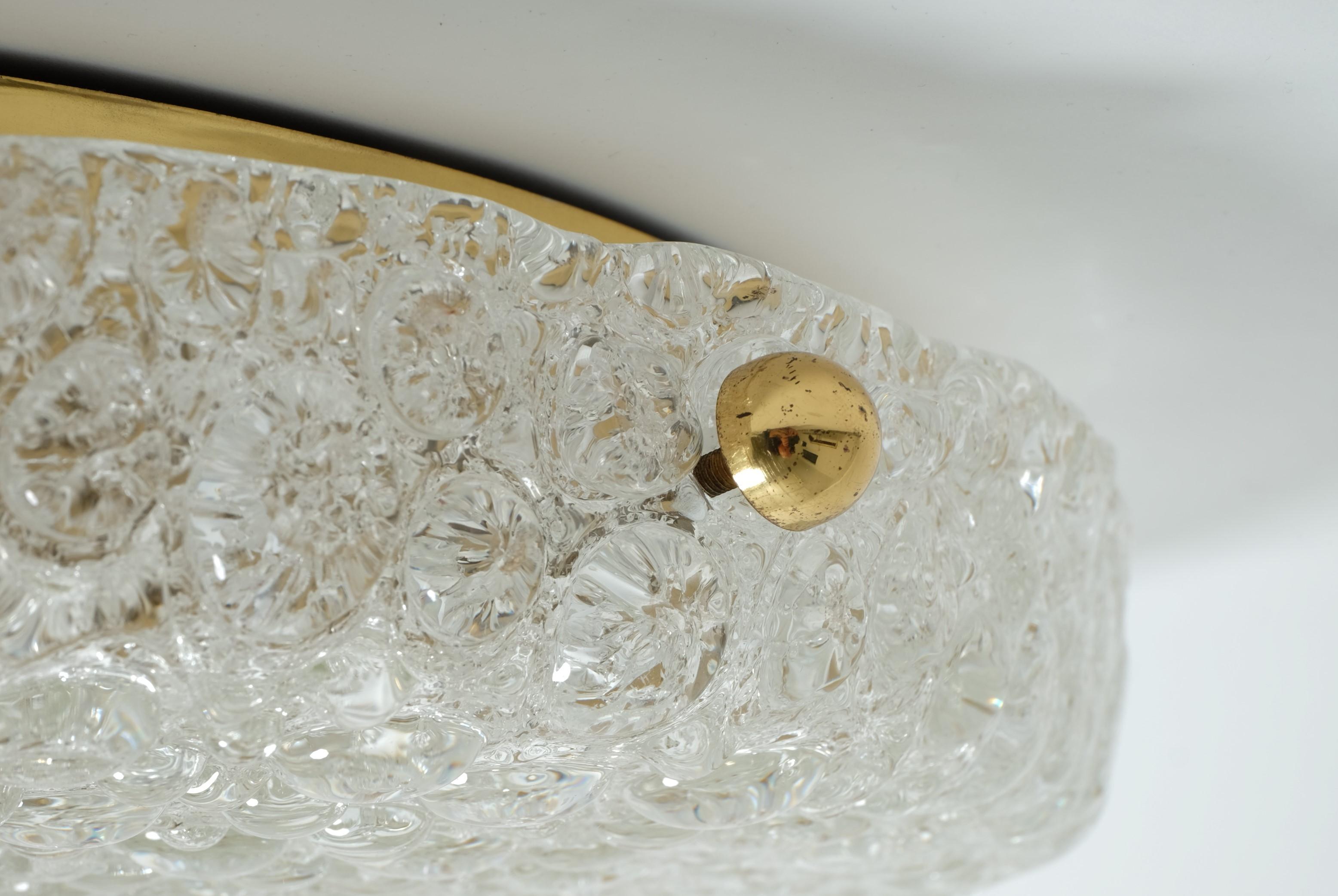 Large Hillebrand Flush Mount Light Lamp Textured Ice Glass Brass, Germany 1960s For Sale 10