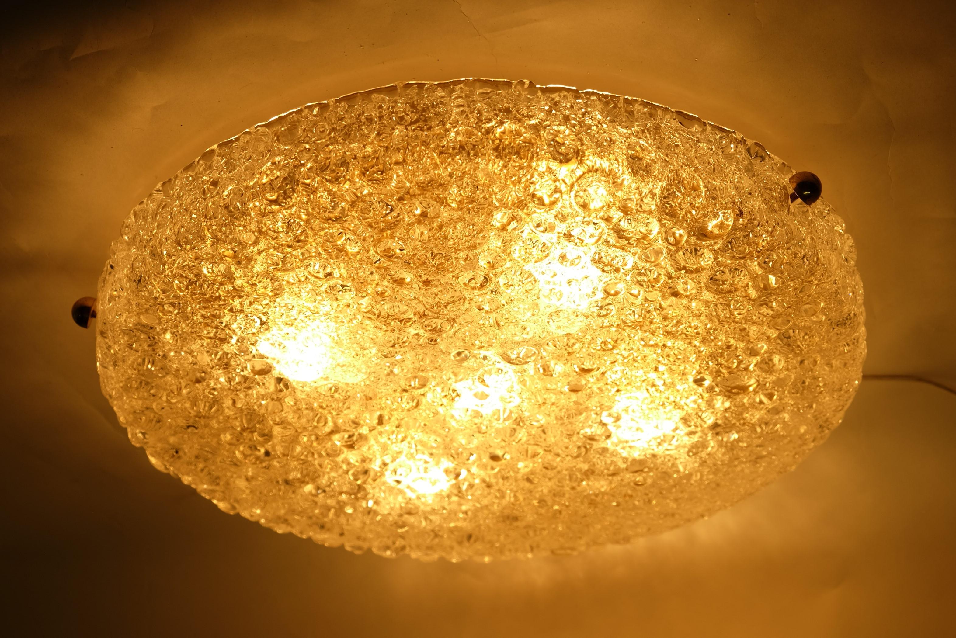 Large Hillebrand Flush Mount Light Lamp Textured Ice Glass Brass, Germany 1960s For Sale 7