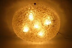 Large Hillebrand Flush Mount Light Lamp Textured Ice Glass Brass, Germany 1960s