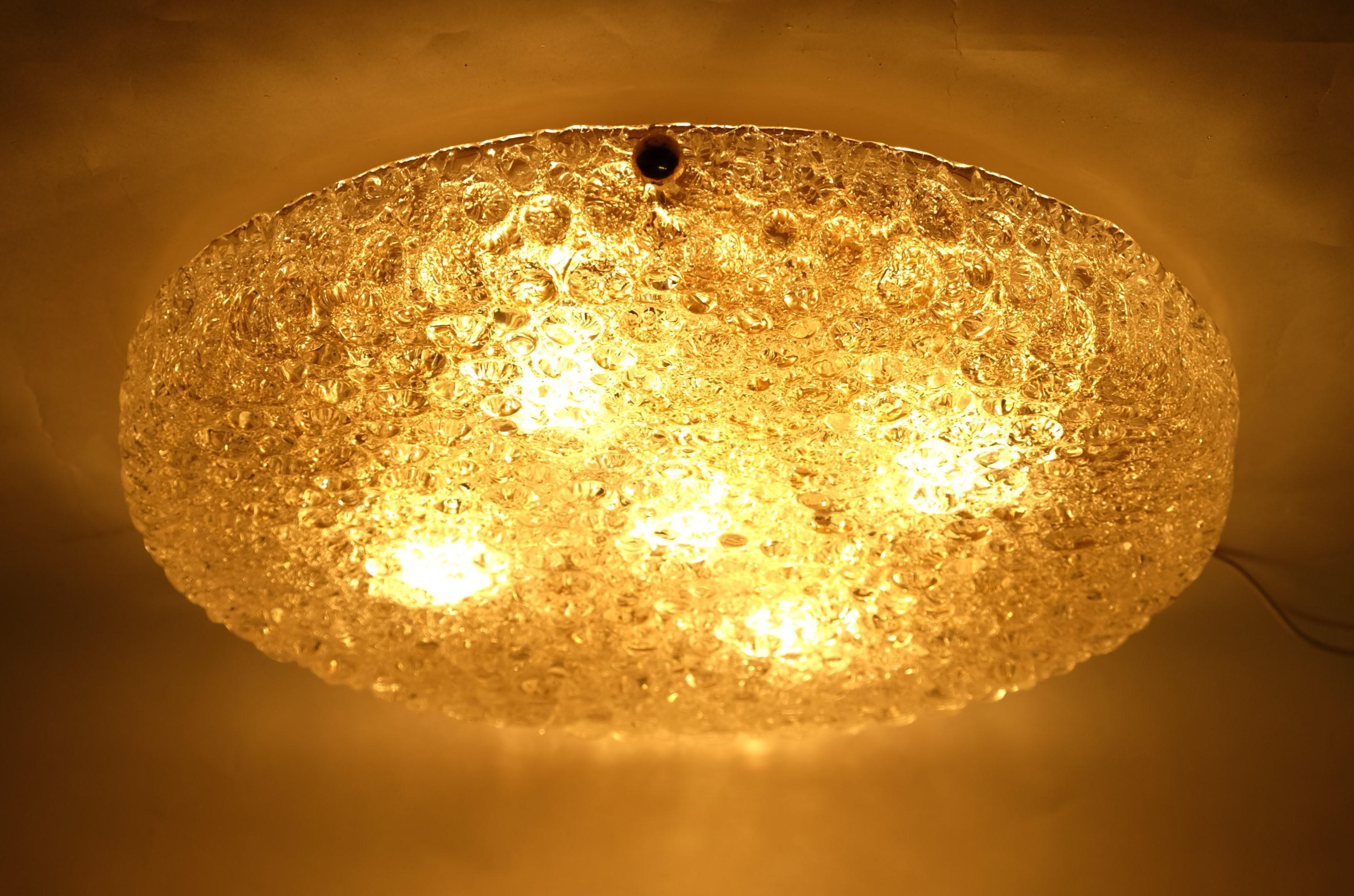 Large Hillebrand Flush Mount Light Lamp Textured Ice Glass Brass, Germany 1960s For Sale 1