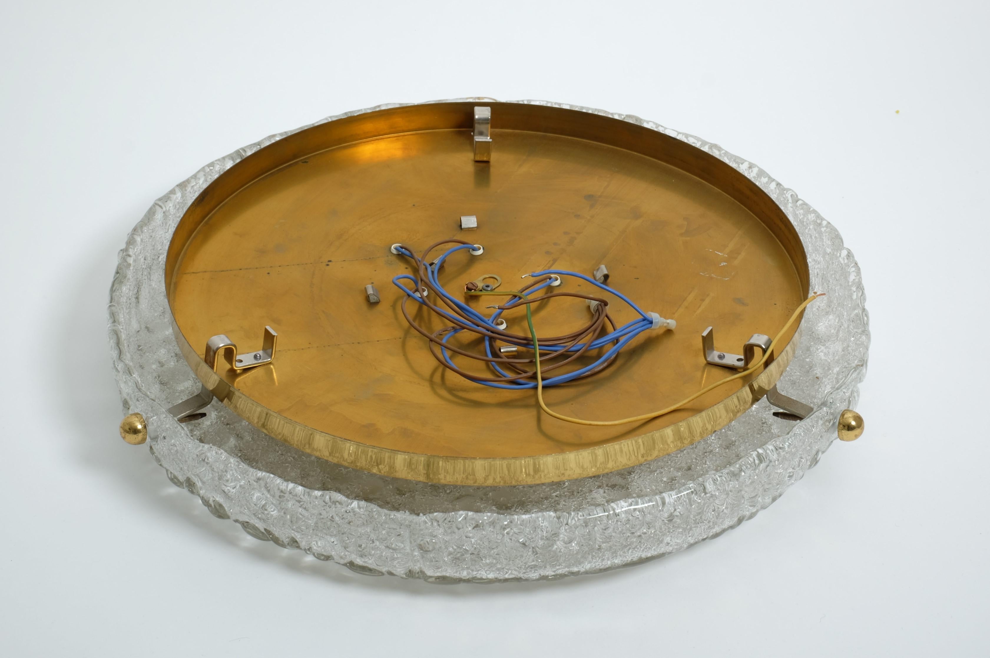 Large Hillebrand Flush Mount Light Lamp Textured Ice Glass Brass, Germany 1960s For Sale 11