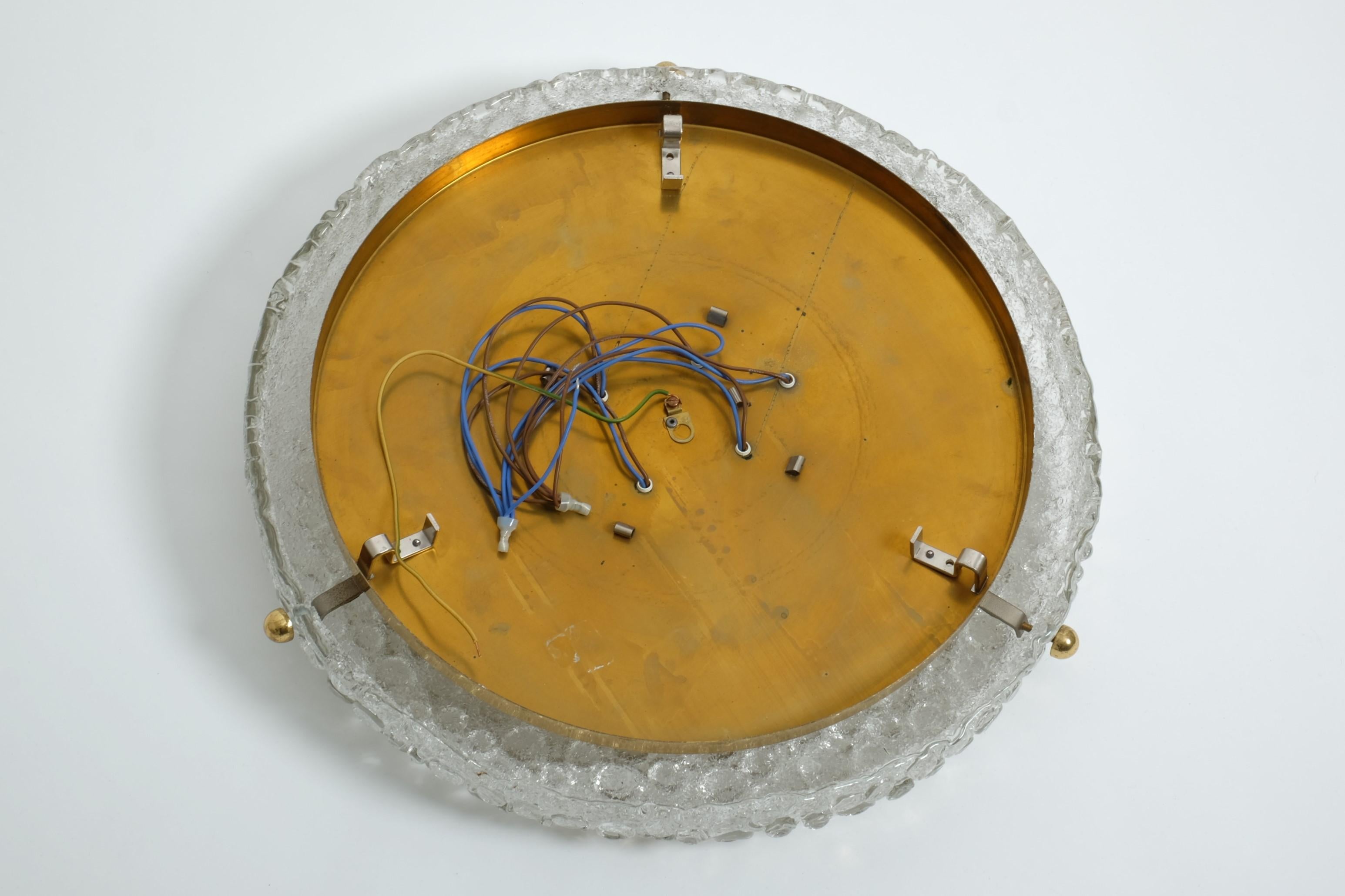 Large Hillebrand Flush Mount Light Lamp Textured Ice Glass Brass, Germany 1960s For Sale 12