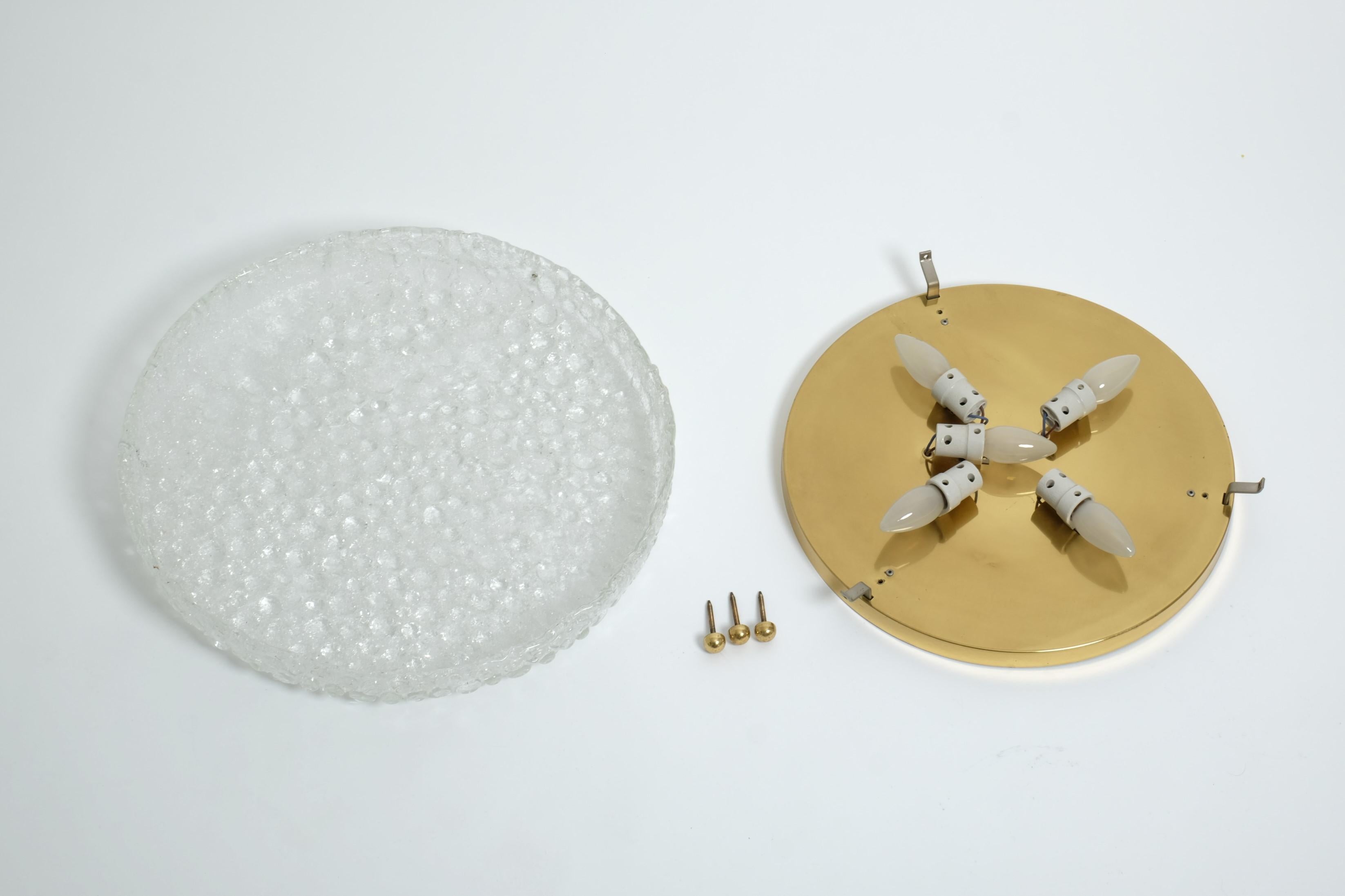 Large Hillebrand Flush Mount Light Lamp Textured Ice Glass Brass, Germany 1960s For Sale 13
