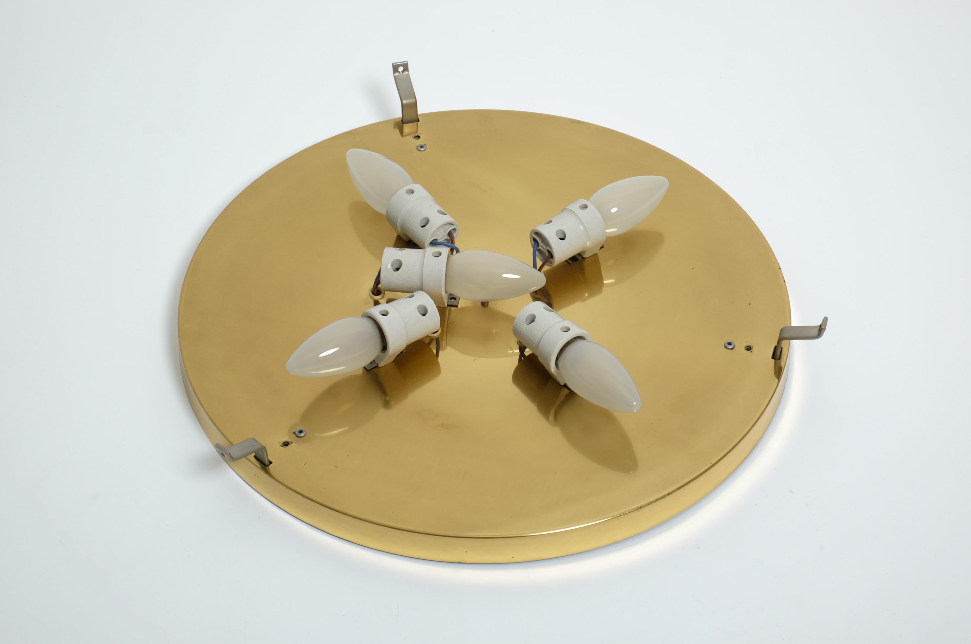 Large Hillebrand Flush Mount Light Lamp Textured Ice Glass Brass, Germany 1960s For Sale 15
