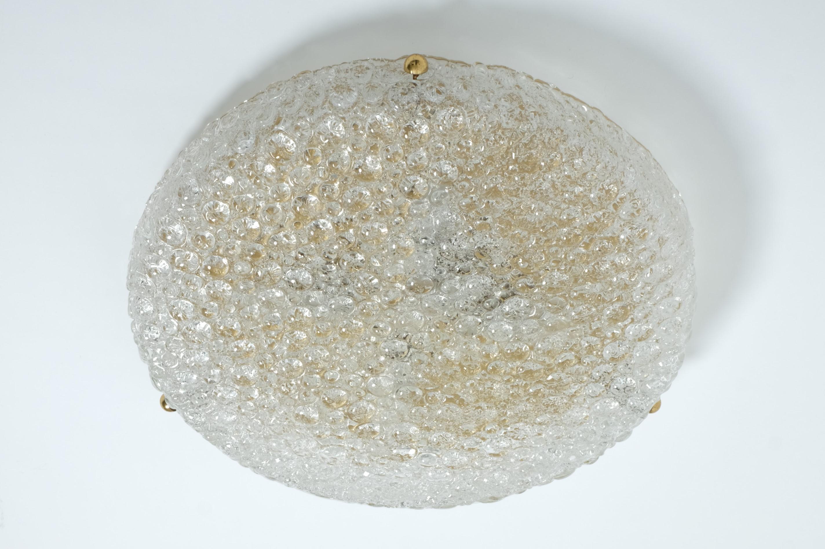 Mid-Century Modern Large Hillebrand Flush Mount Light Lamp Textured Ice Glass Brass, Germany 1960s For Sale