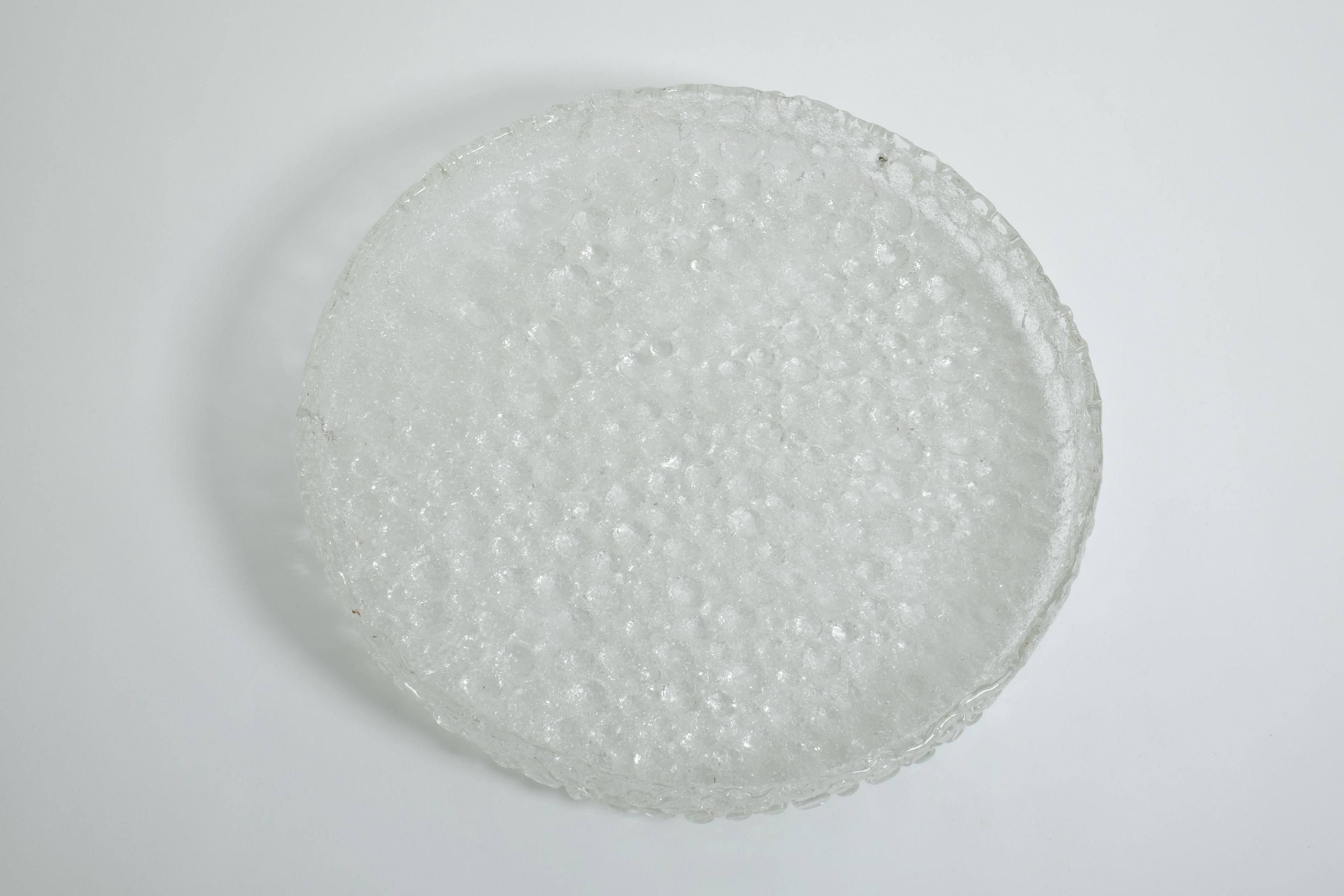 Large Hillebrand Flush Mount Light Lamp Textured Ice Glass Brass, Germany 1960s For Sale 14