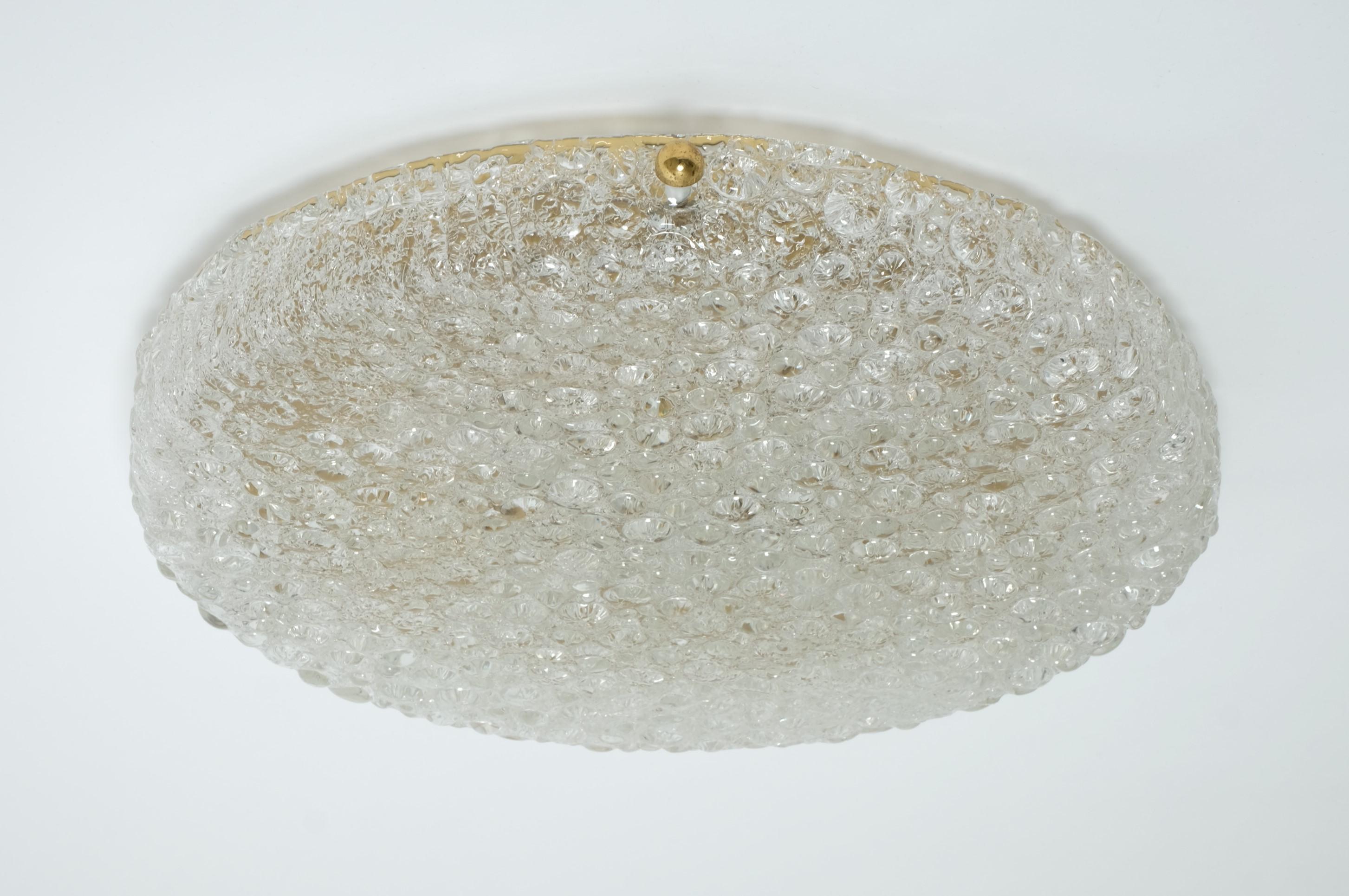 Mid-20th Century Large Hillebrand Flush Mount Light Lamp Textured Ice Glass Brass, Germany 1960s For Sale
