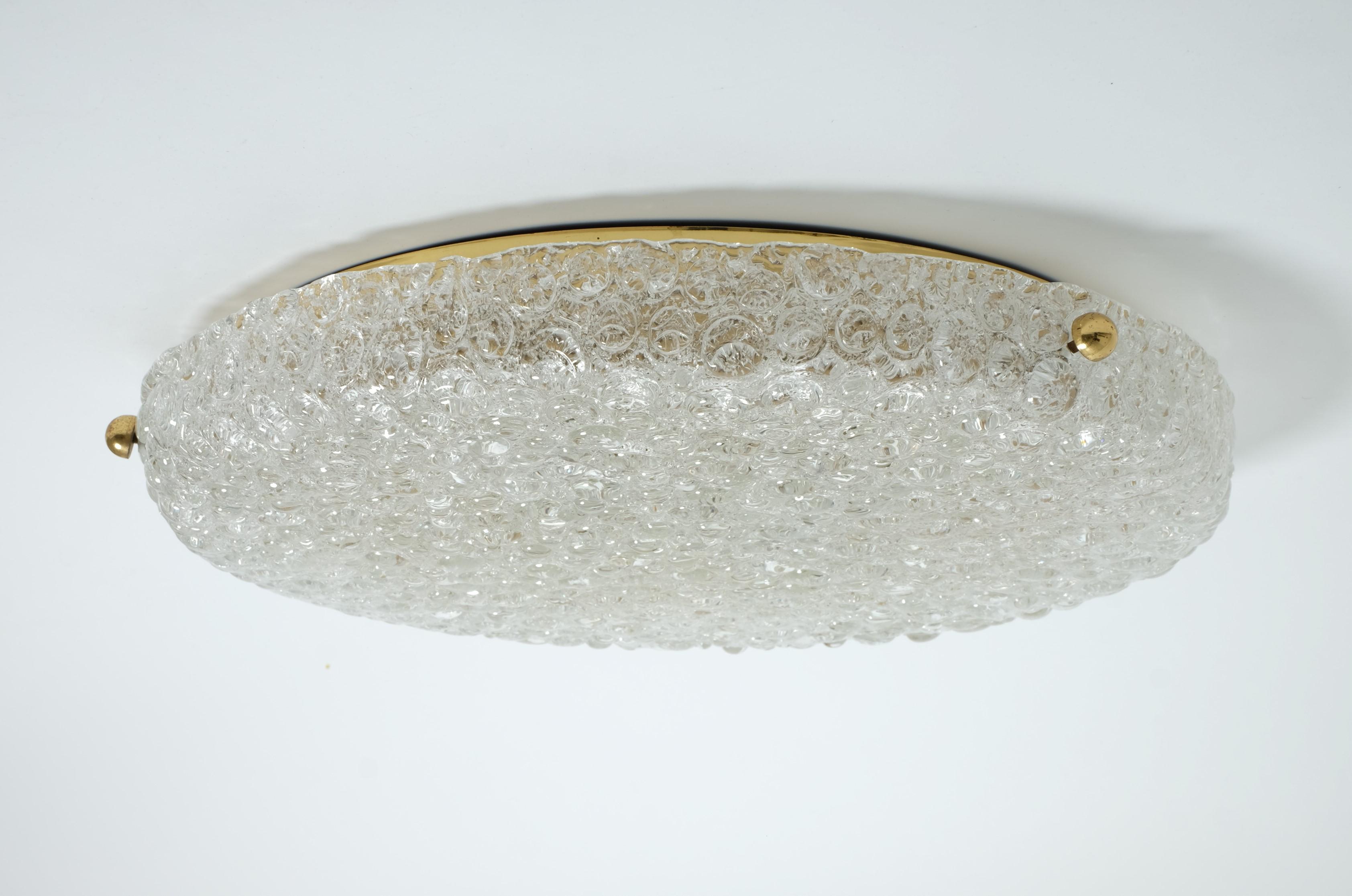 Large Hillebrand Flush Mount Light Lamp Textured Ice Glass Brass, Germany 1960s For Sale 2