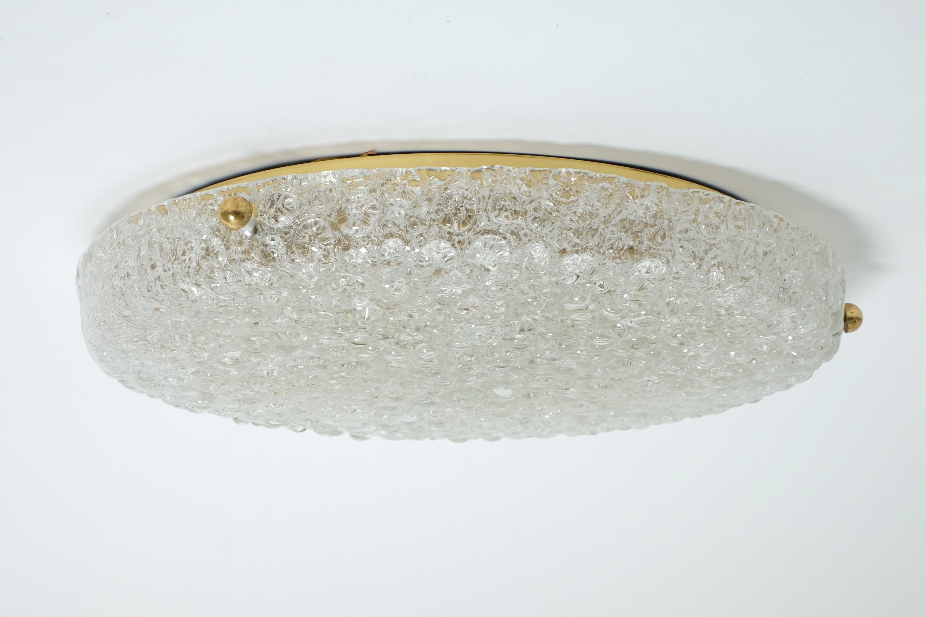 Large Hillebrand Flush Mount Light Lamp Textured Ice Glass Brass, Germany 1960s For Sale 3