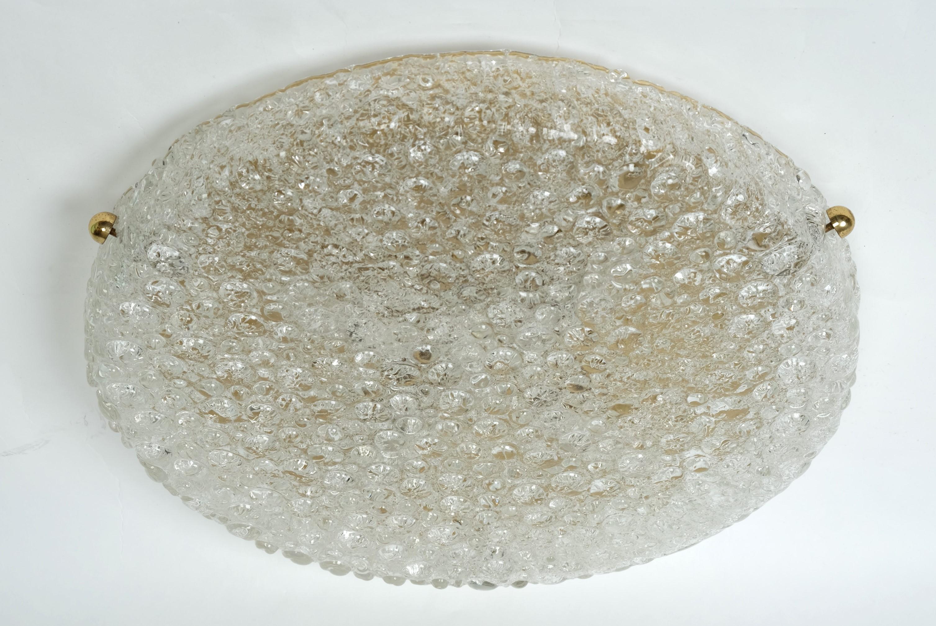 Large Hillebrand Flush Mount Light Lamp Textured Ice Glass Brass, Germany 1960s For Sale 8