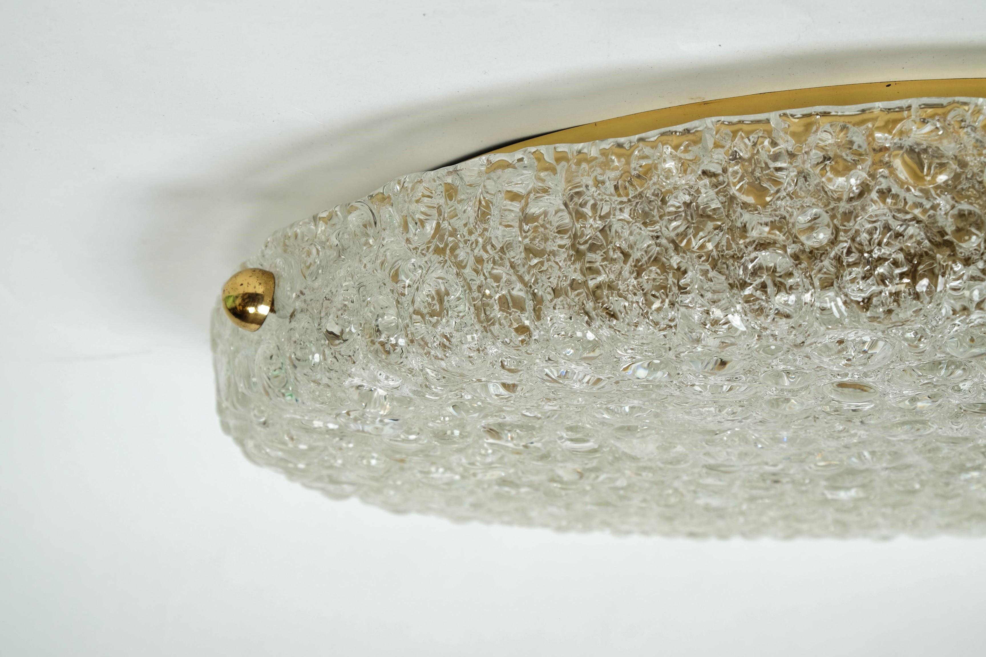 Large Hillebrand Flush Mount Light Lamp Textured Ice Glass Brass, Germany 1960s For Sale 4