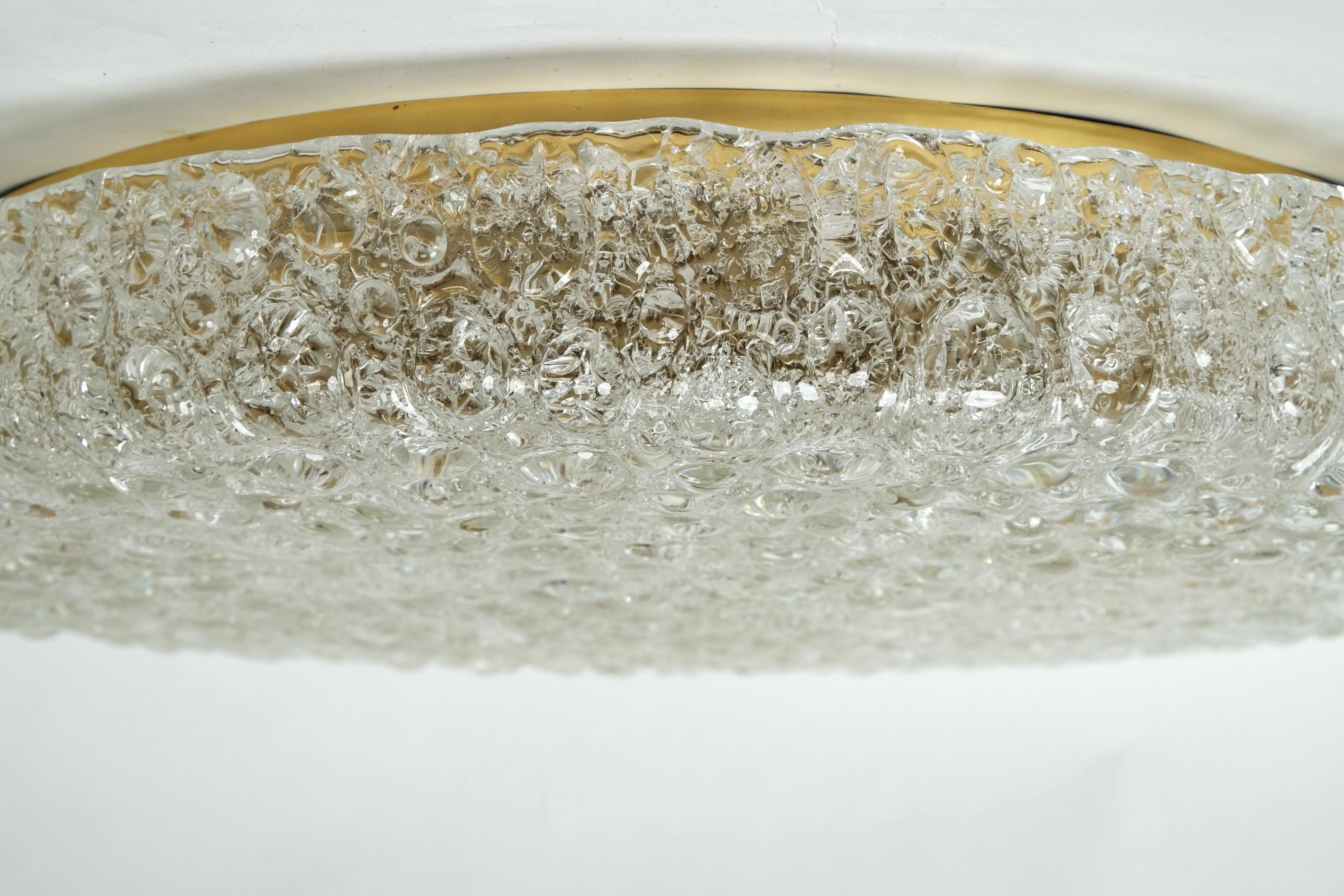 Large Hillebrand Flush Mount Light Lamp Textured Ice Glass Brass, Germany 1960s For Sale 5