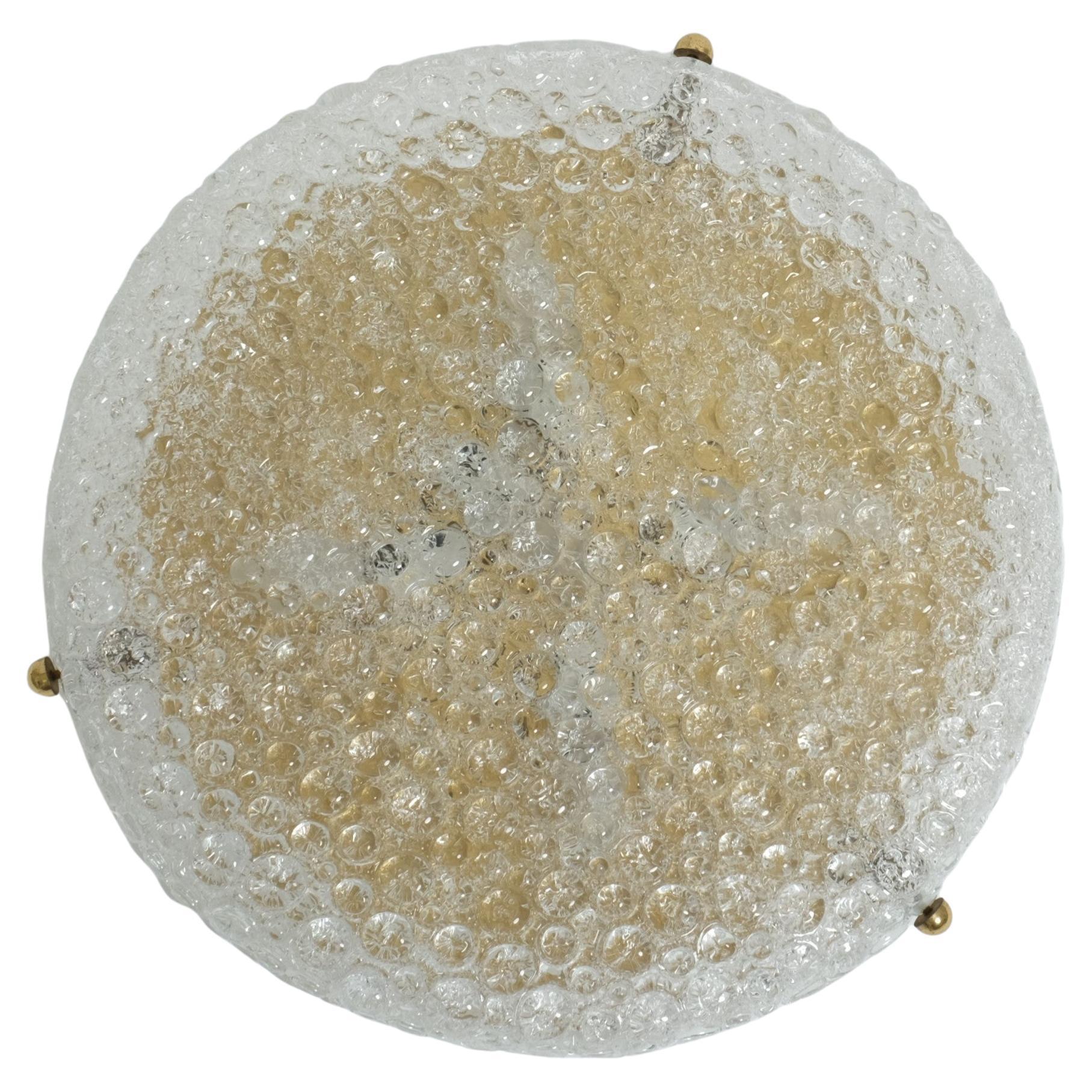 Large Hillebrand Flush Mount Light Lamp Textured Ice Glass Brass, Germany 1960s