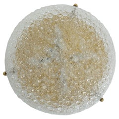 Large Hillebrand Flush Mount Light Lamp Textured Ice Glass Brass, Germany 1960s