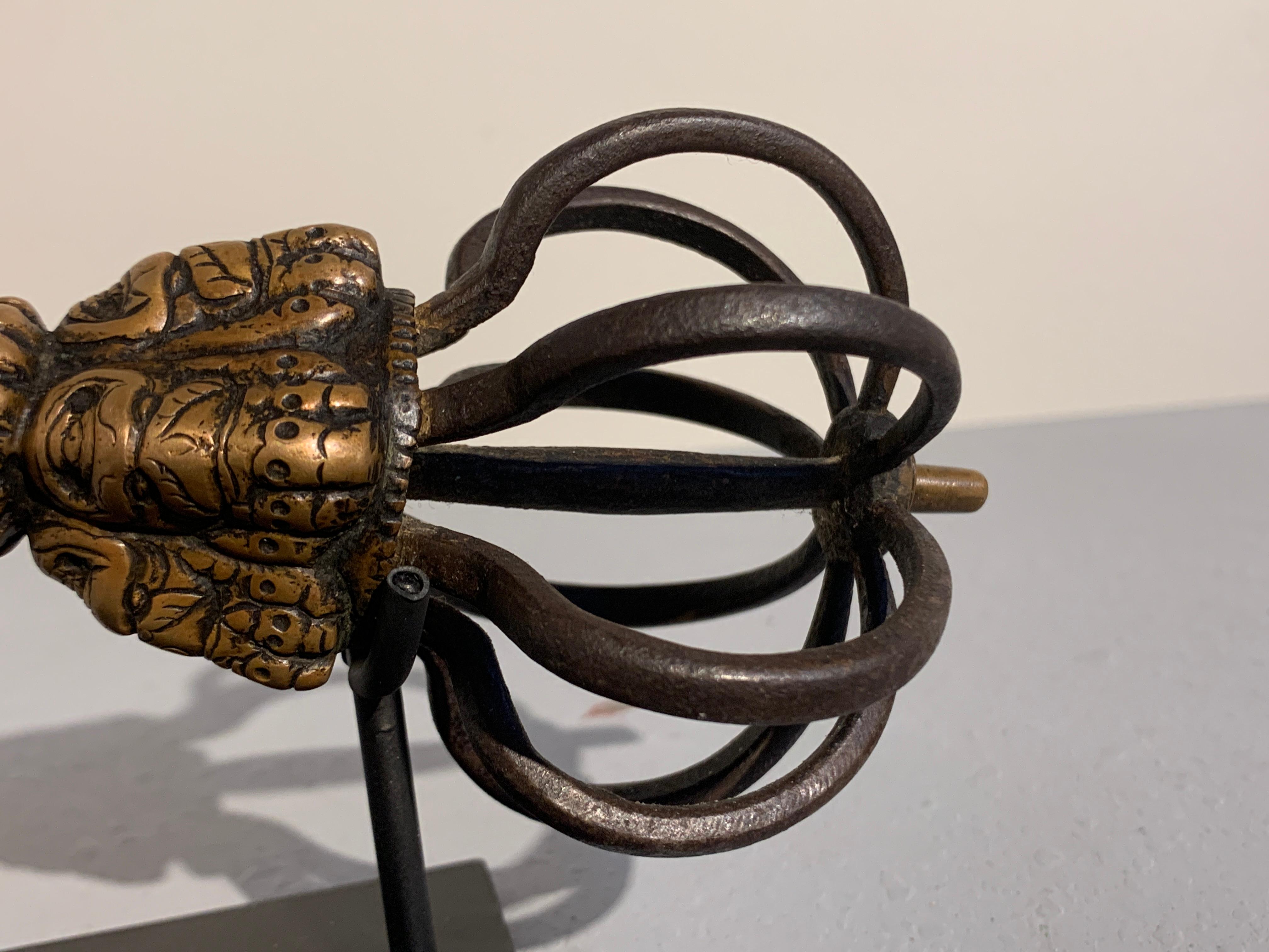 Large Himalayan Inlaid Bronze Vajra with Wrathful Faces, 15th-16th Century For Sale 2