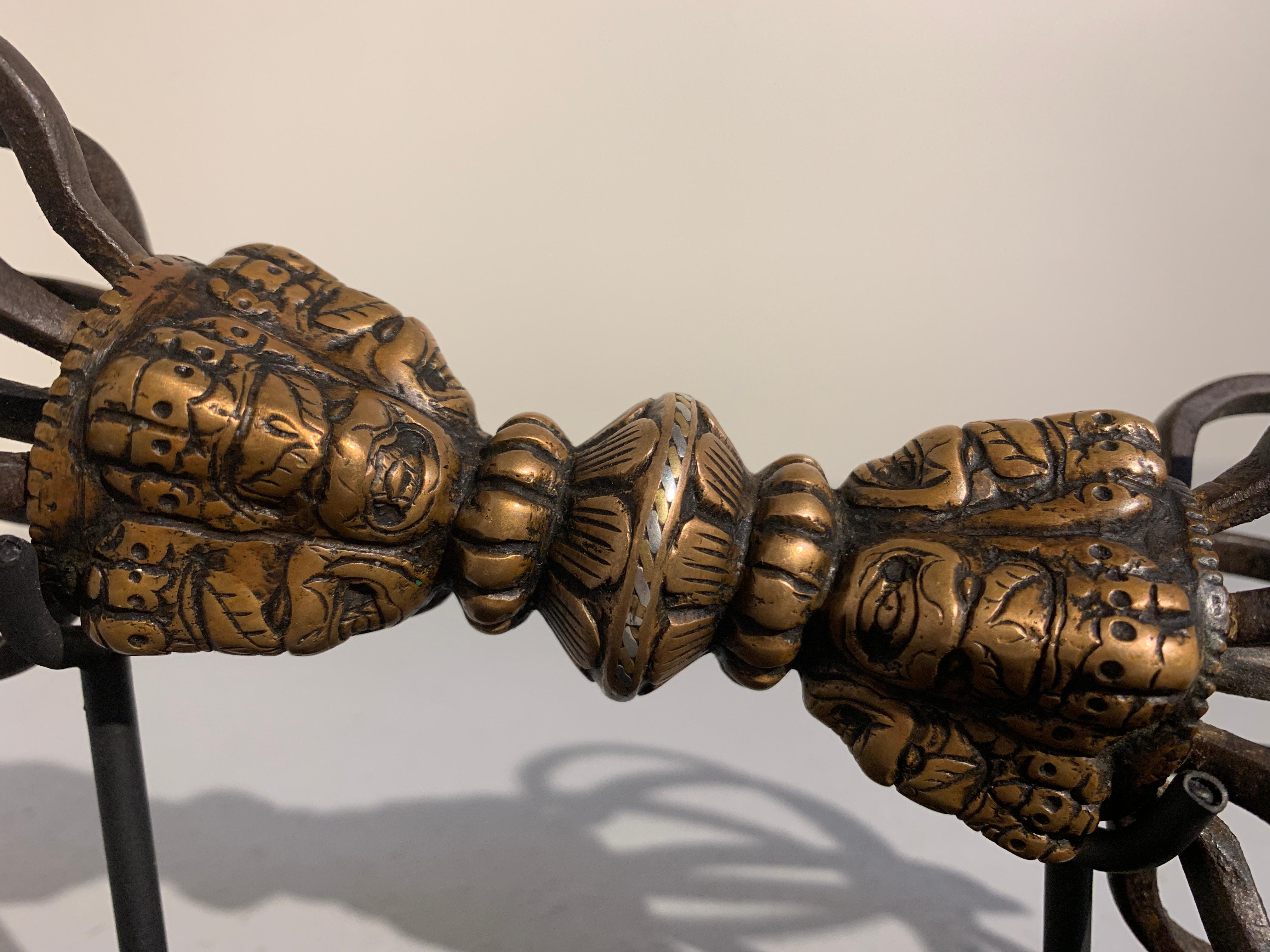 18th Century and Earlier Large Himalayan Inlaid Bronze Vajra with Wrathful Faces, 15th-16th Century For Sale