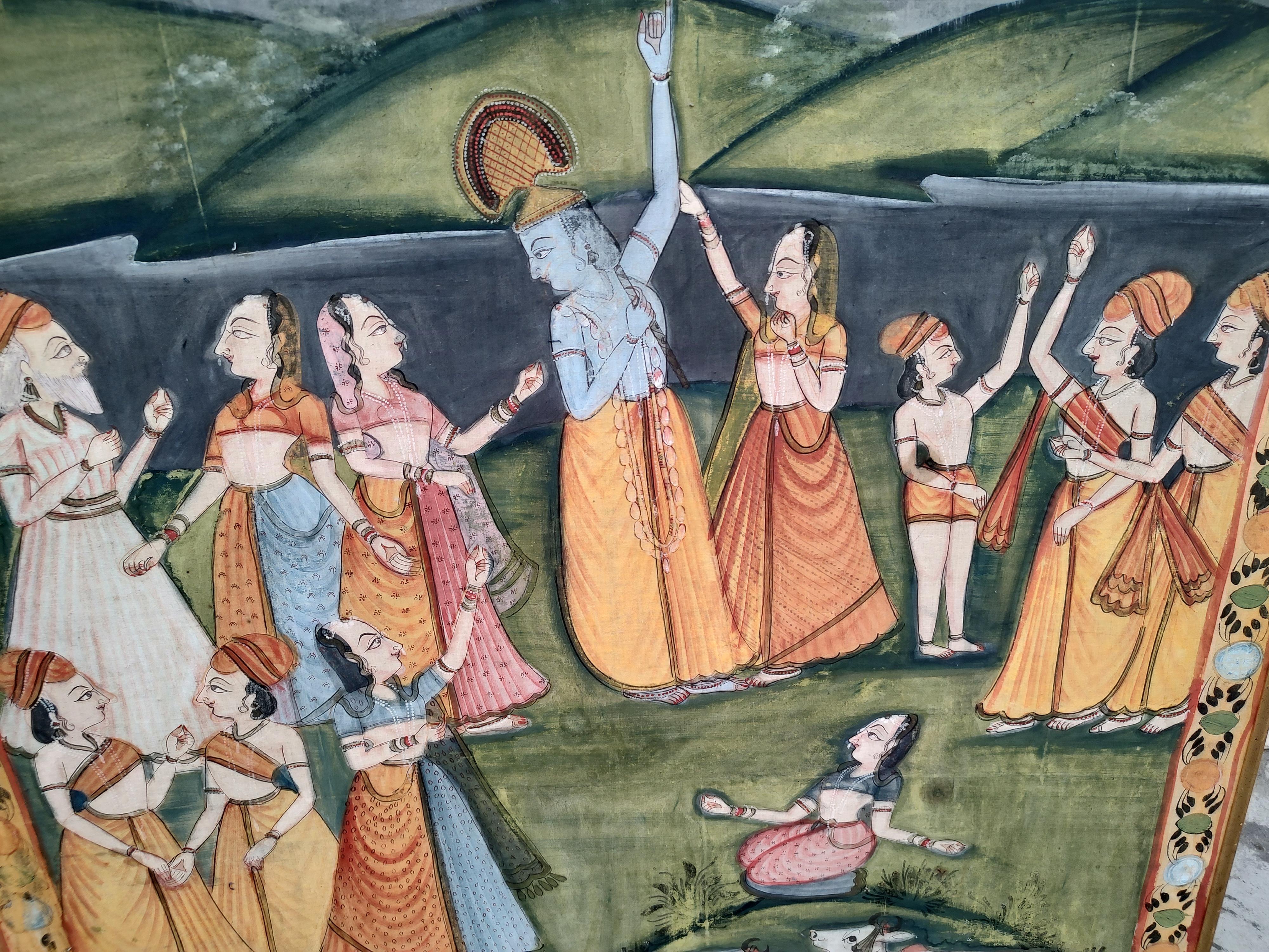 Large Hindu Mural Sized Pichhwal Painting on Silk Cloth C1970 For Sale 3